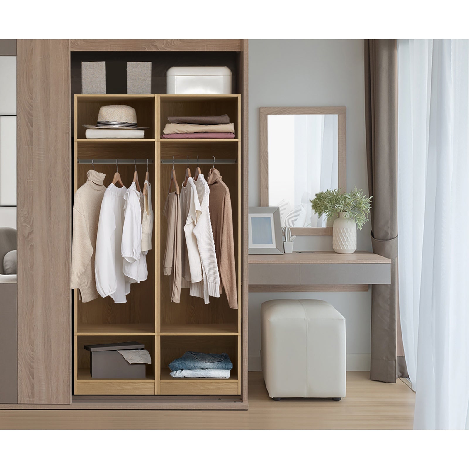 Oikiture Open Wardrobe Shelf Unit Clothes Storage 3 Drawers Hanging Rail Natural - Sunyee