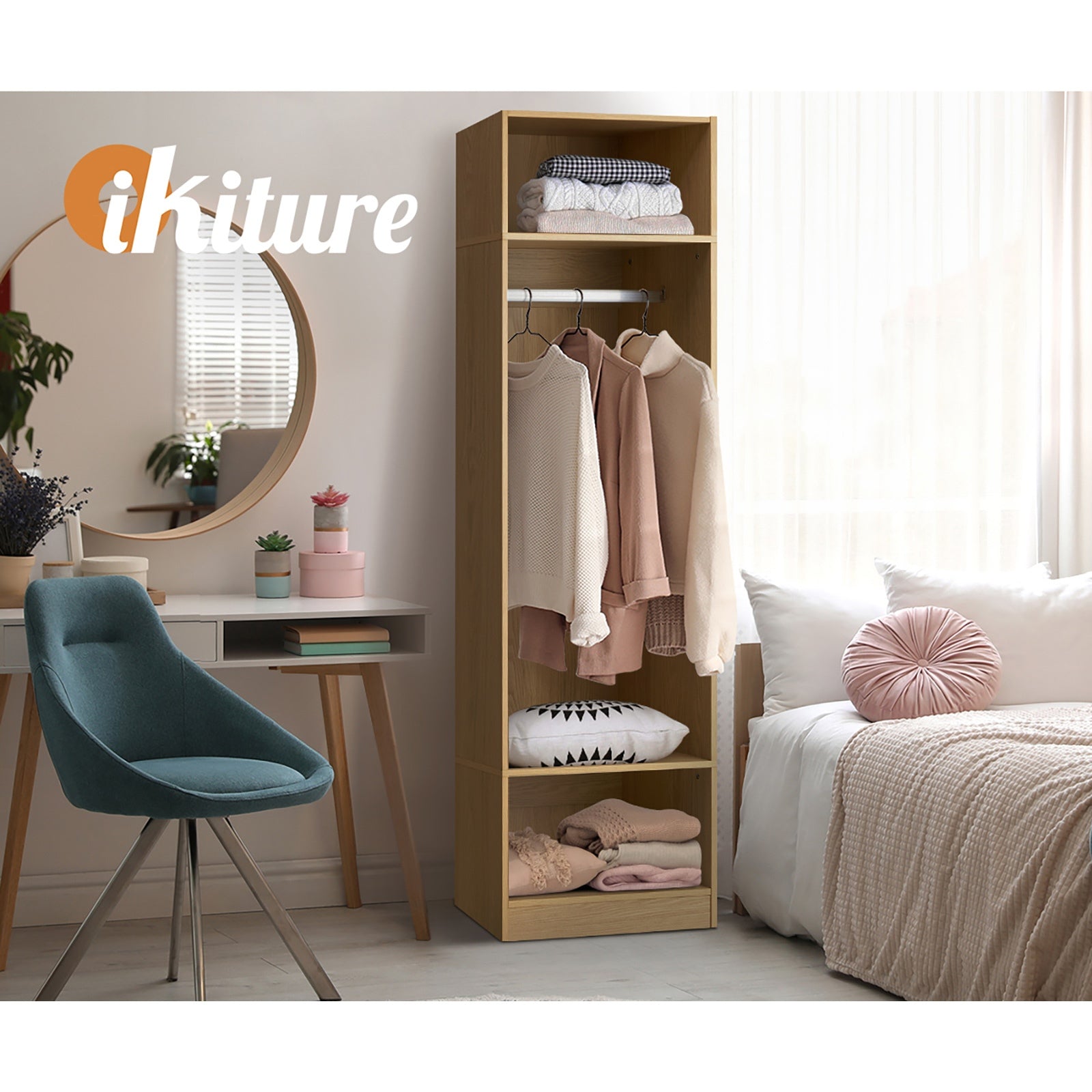 Oikiture Open Wardrobe Shelf Unit Clothes Storage 3 Drawers Hanging Rail Natural - Sunyee