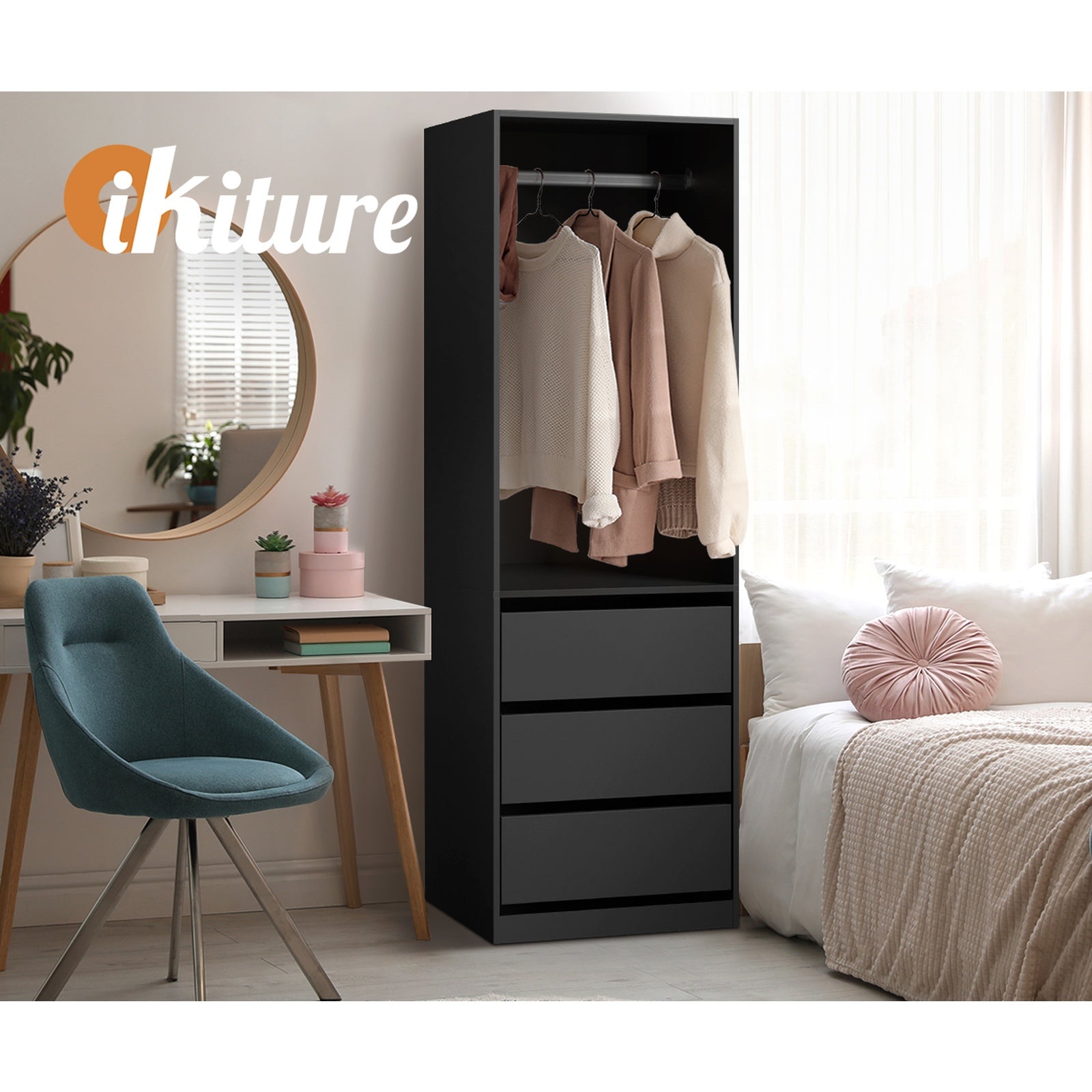 Oikiture Open Wardrobe Shelf Unit Clothes Storage 3 Drawers Hanging Rail Black - Sunyee