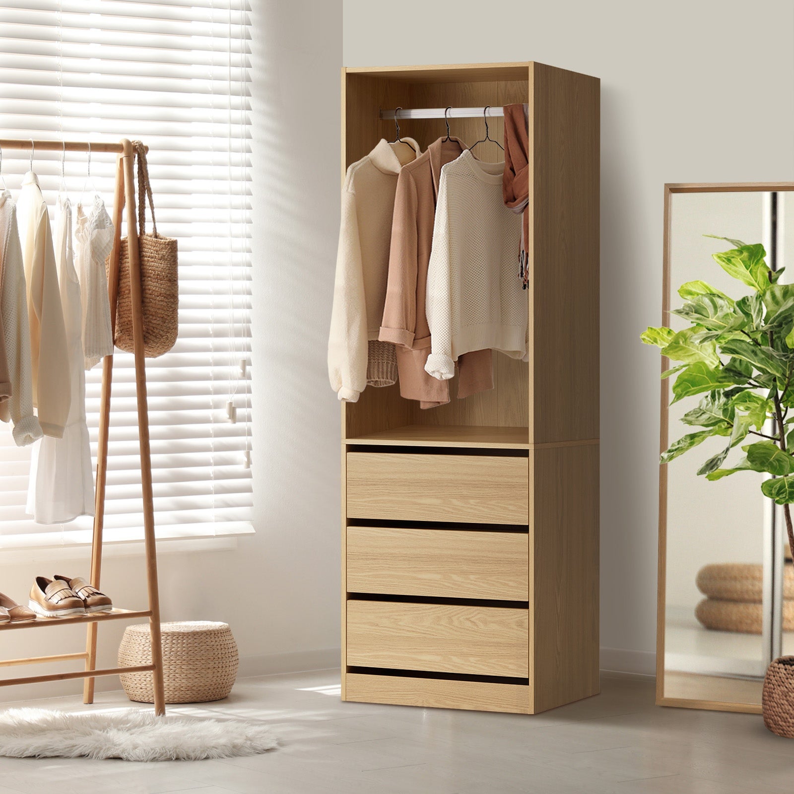 Oikiture Wardrobe Clothes Storage Organizer 3 Drawers Hanging Rail Natural - Sunyee