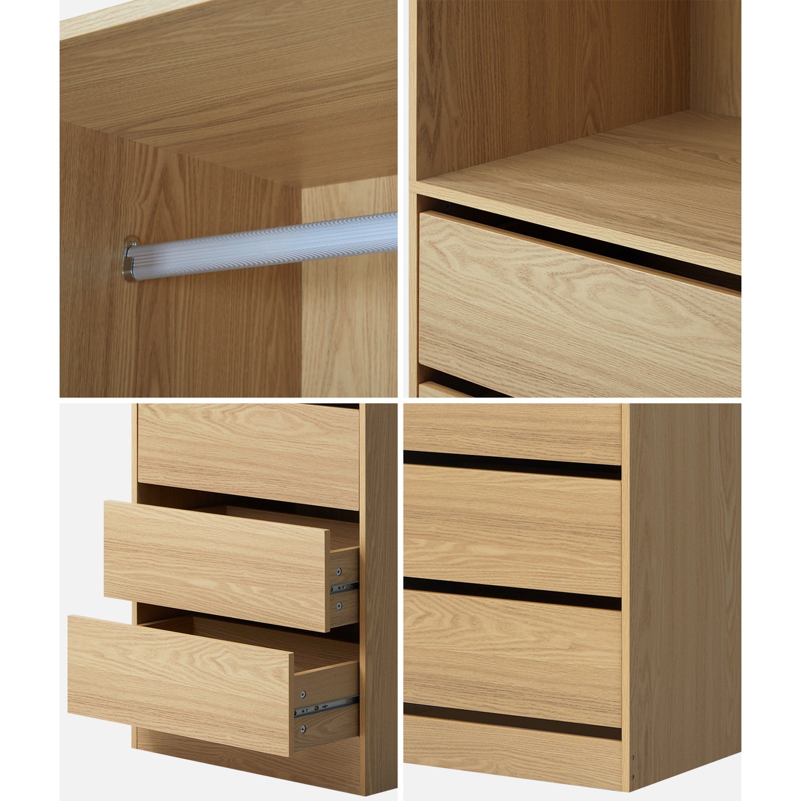 Oikiture Wardrobe Clothes Storage Organizer 3 Drawers Hanging Rail Natural - Sunyee