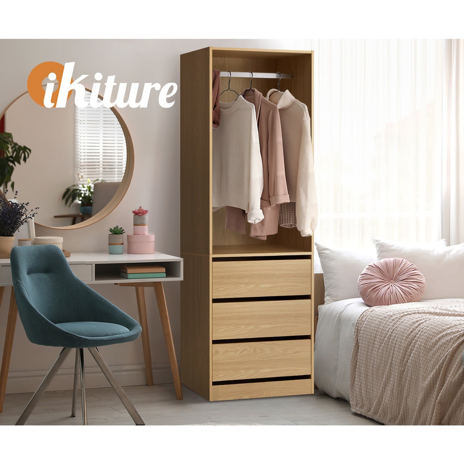 Oikiture Wardrobe Clothes Storage Organizer 3 Drawers Hanging Rail Natural - Sunyee