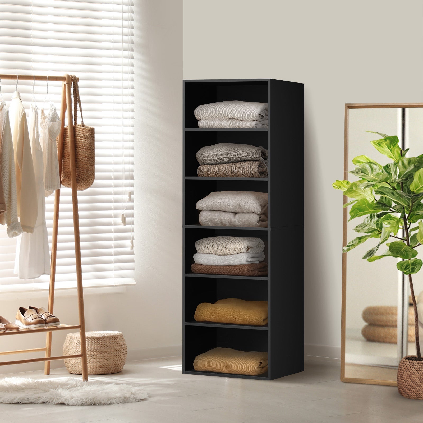 Oikiture Wardrobe Shelf Unit Clothes Storage Cabinet 6 Shelves Organiser Black - Sunyee