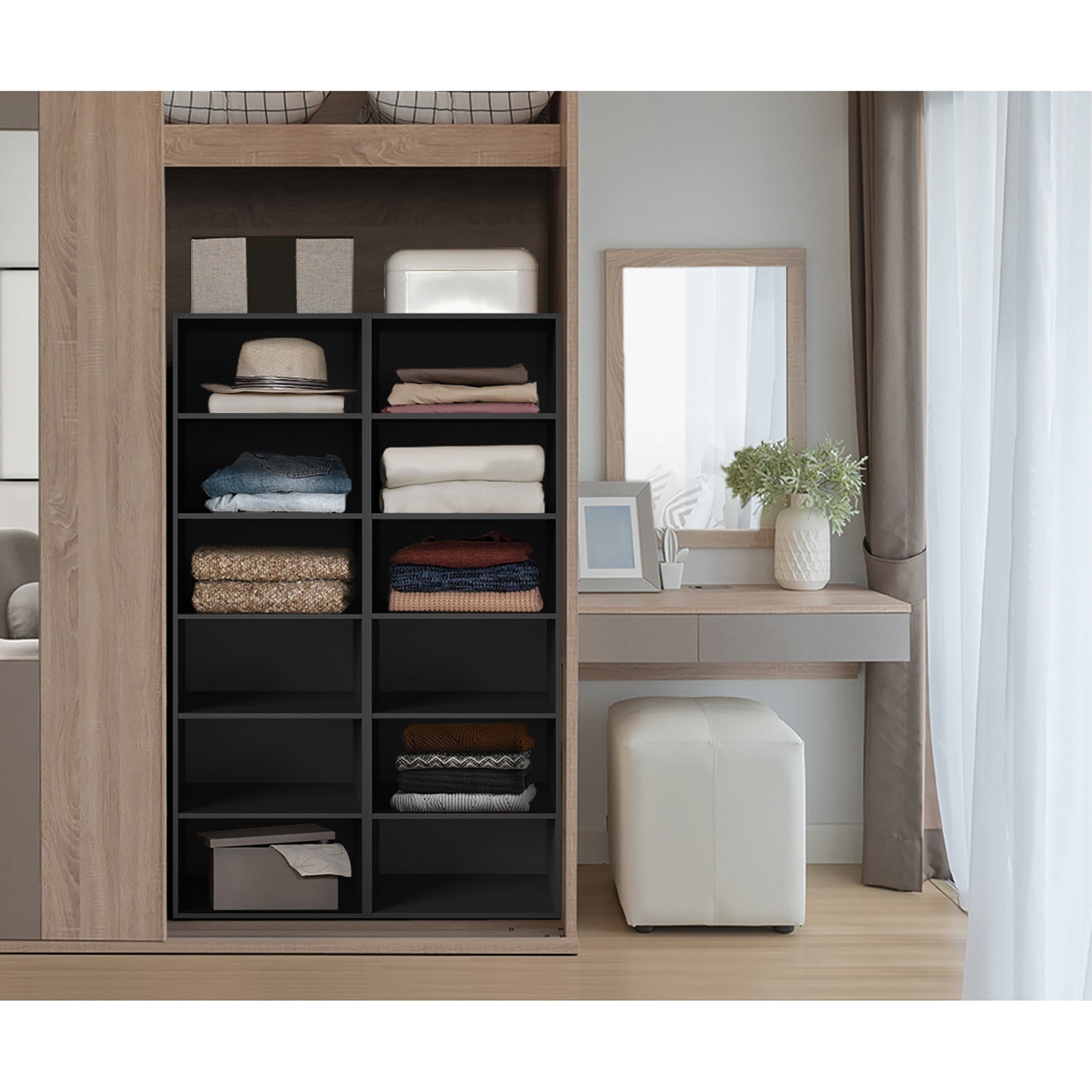 Oikiture Wardrobe Shelf Unit Clothes Storage Cabinet 6 Shelves Organiser Black - Sunyee