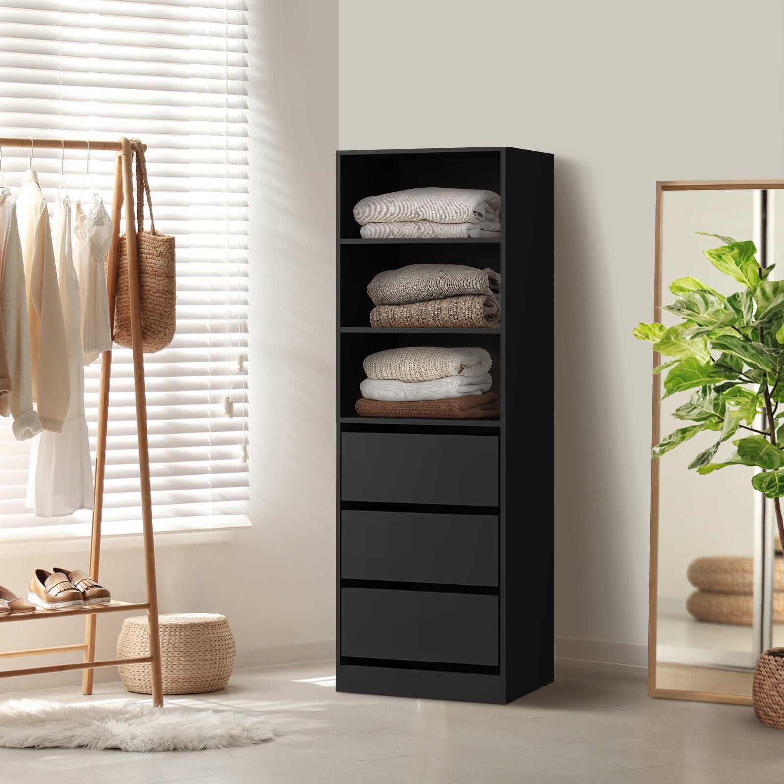 Oikiture Wardrobe Shelf Unit Clothes Storage Cabinet 3 Drawers Organizer Black - Sunyee