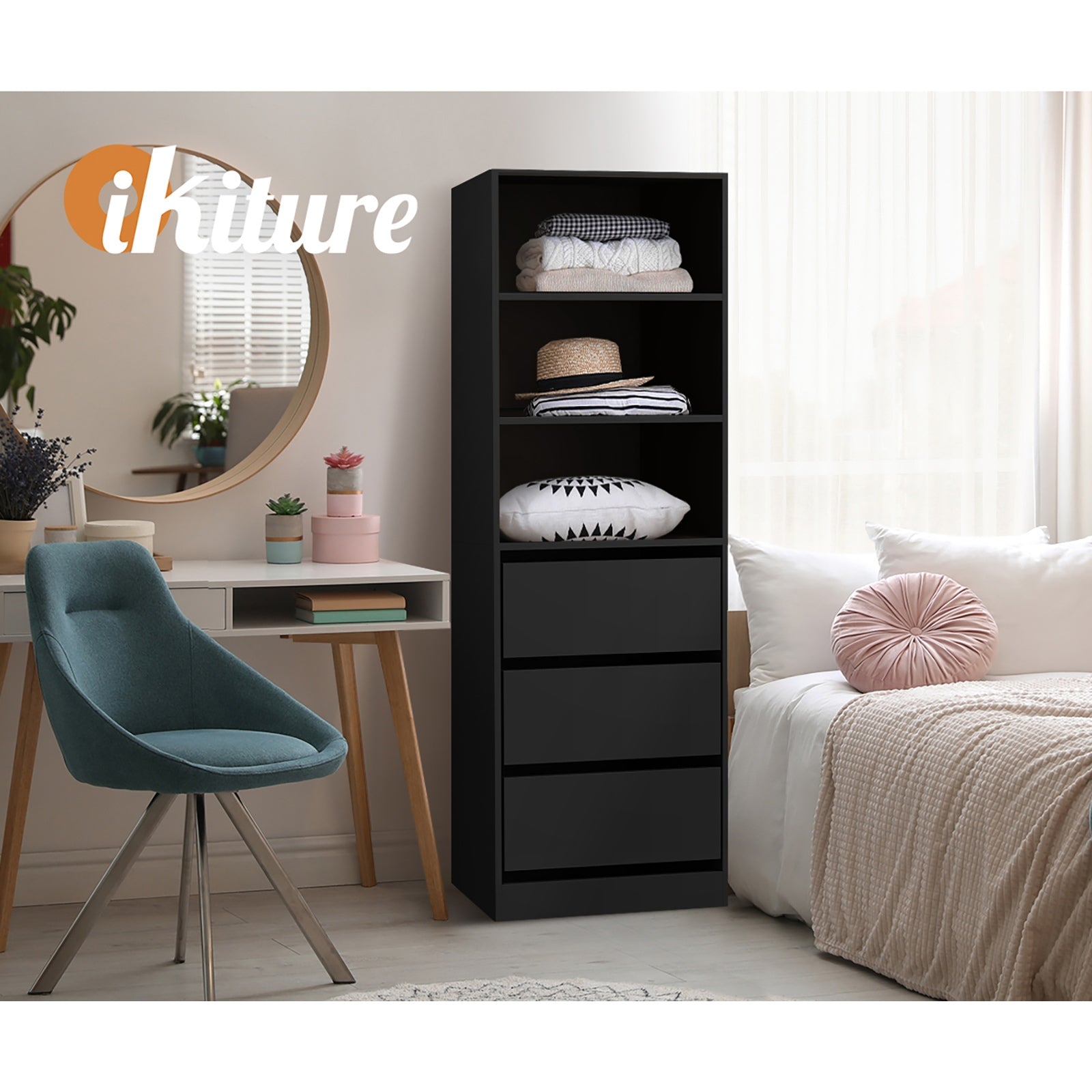 Oikiture Wardrobe Shelf Unit Clothes Storage Cabinet 3 Drawers Organizer Black - Sunyee
