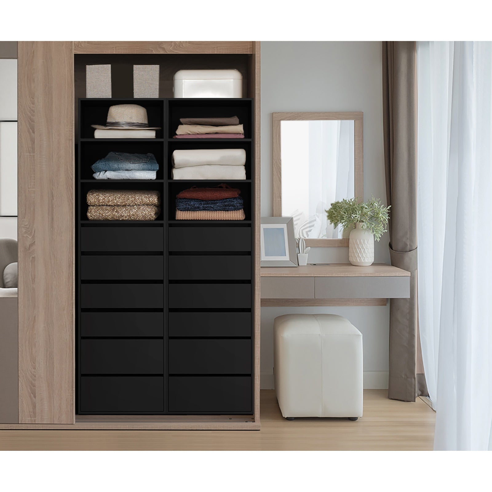 Oikiture Wardrobe Storage Cabinet Shelf Unit Clothes 3 Shelves 6 Drawers Black - Sunyee