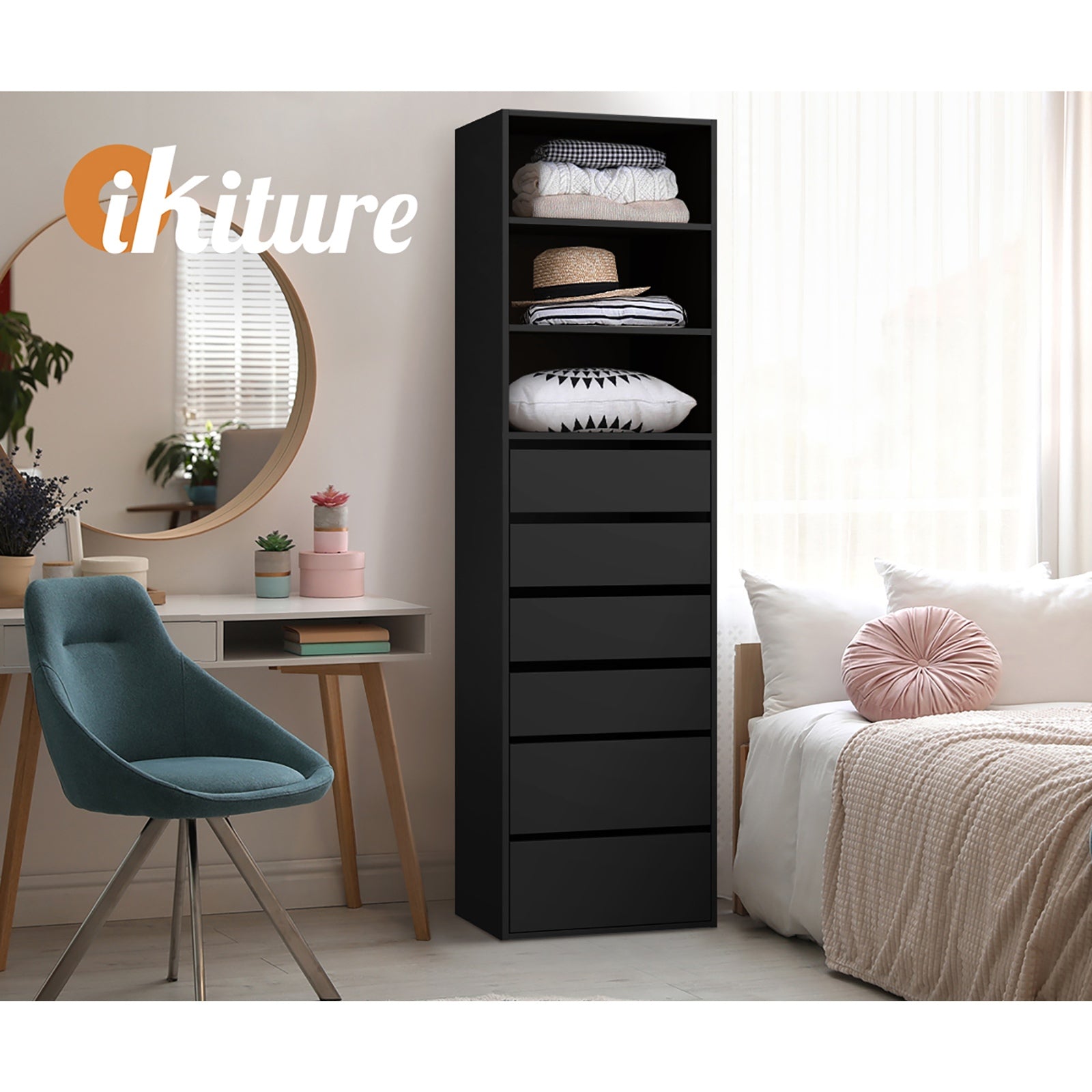 Oikiture Wardrobe Storage Cabinet Shelf Unit Clothes 3 Shelves 6 Drawers Black - Sunyee