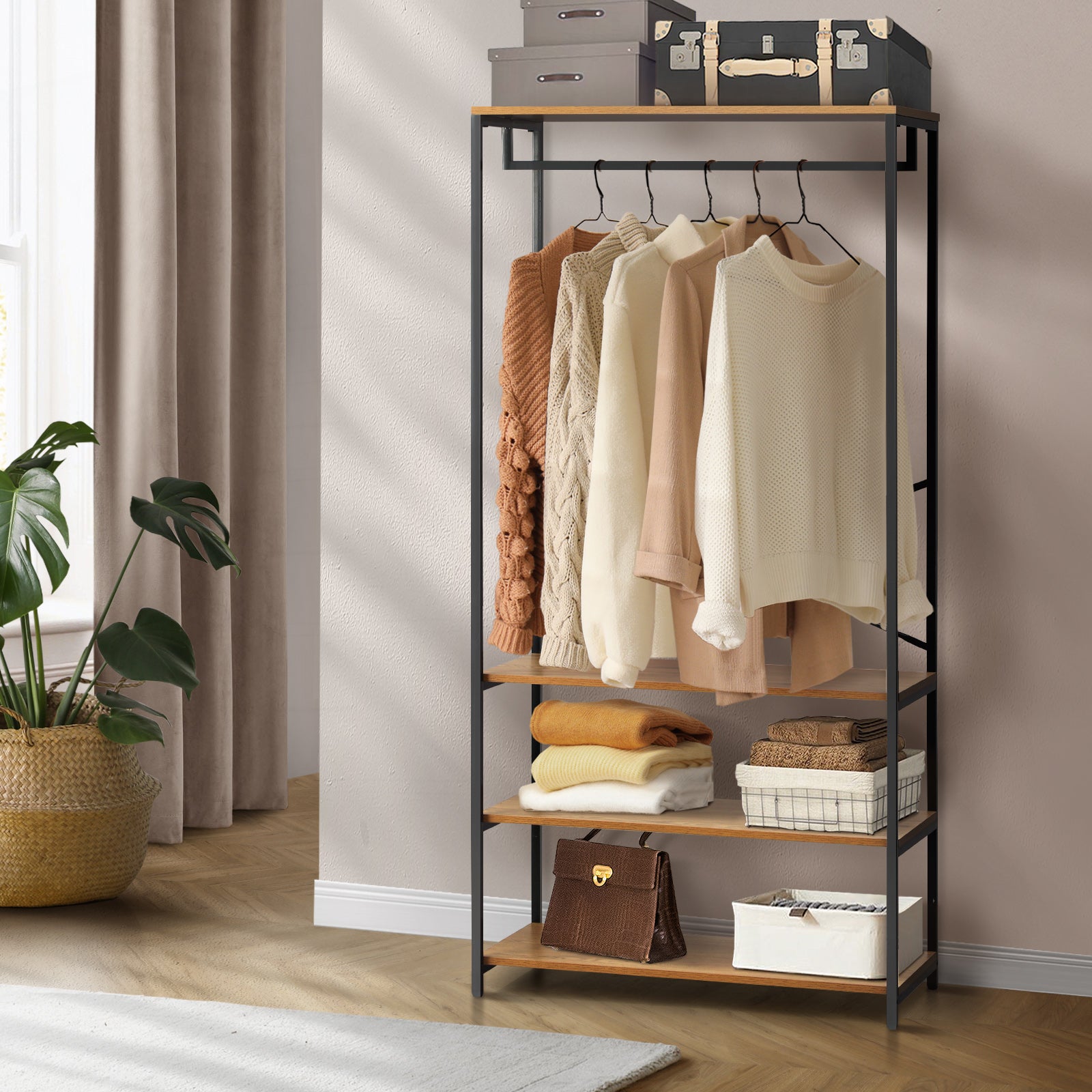 Oikiture Clothes Rack Open Wardrobe Garment Coat Hanging Rail Metal 4 shelves - Sunyee
