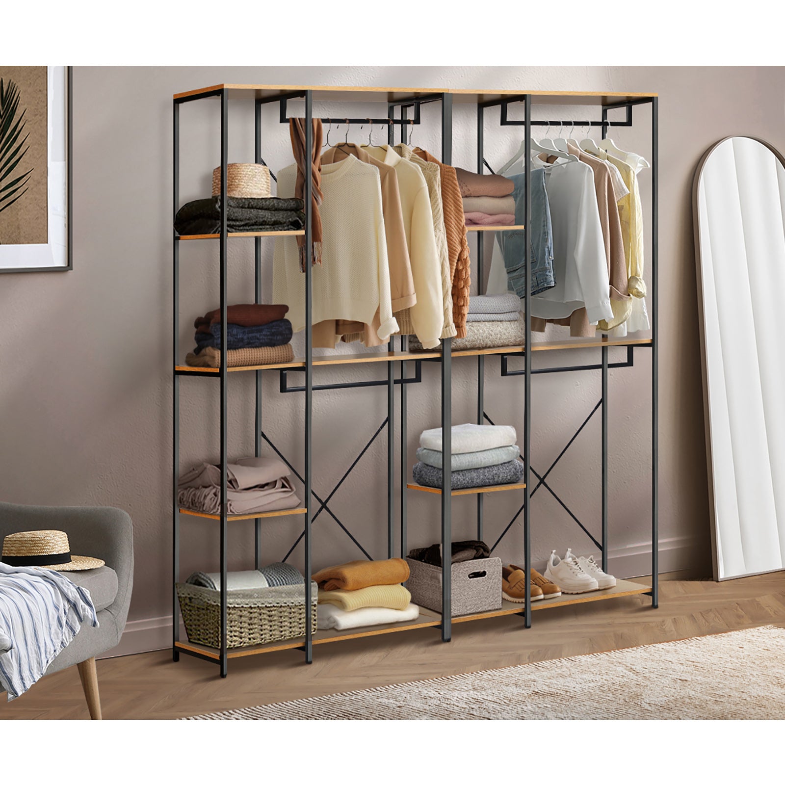 Oikiture Clothes Rack Large Open Wardrobe Garment Coat Hanging Rail 5 shelves - Sunyee