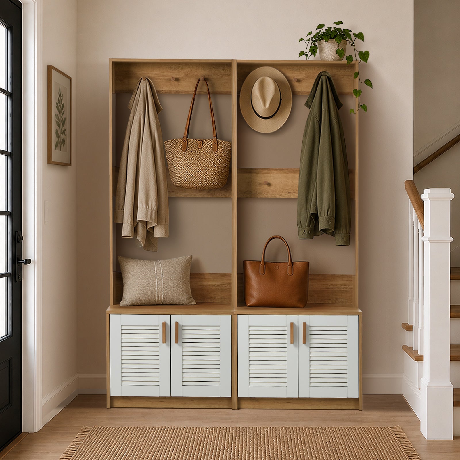 Oikiture Hall Tree Wardrobe Shelf Bench Coat Rack Entryway Storage Natural