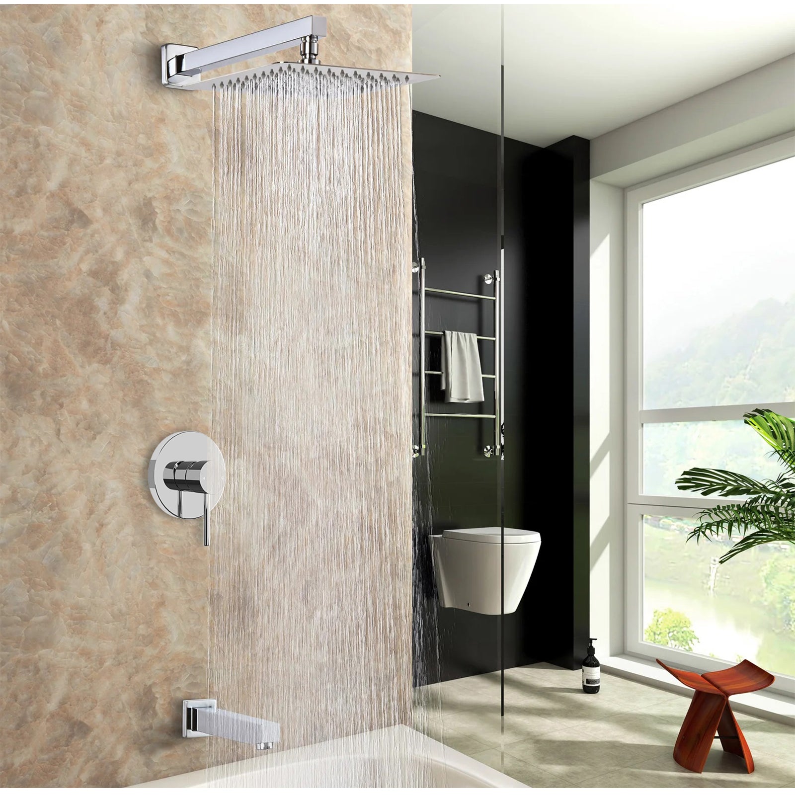 Chrome Wall Shower Mixer Tap Shower Valve Brass Round Bath Spout Hot Cold Taps - Sunyee