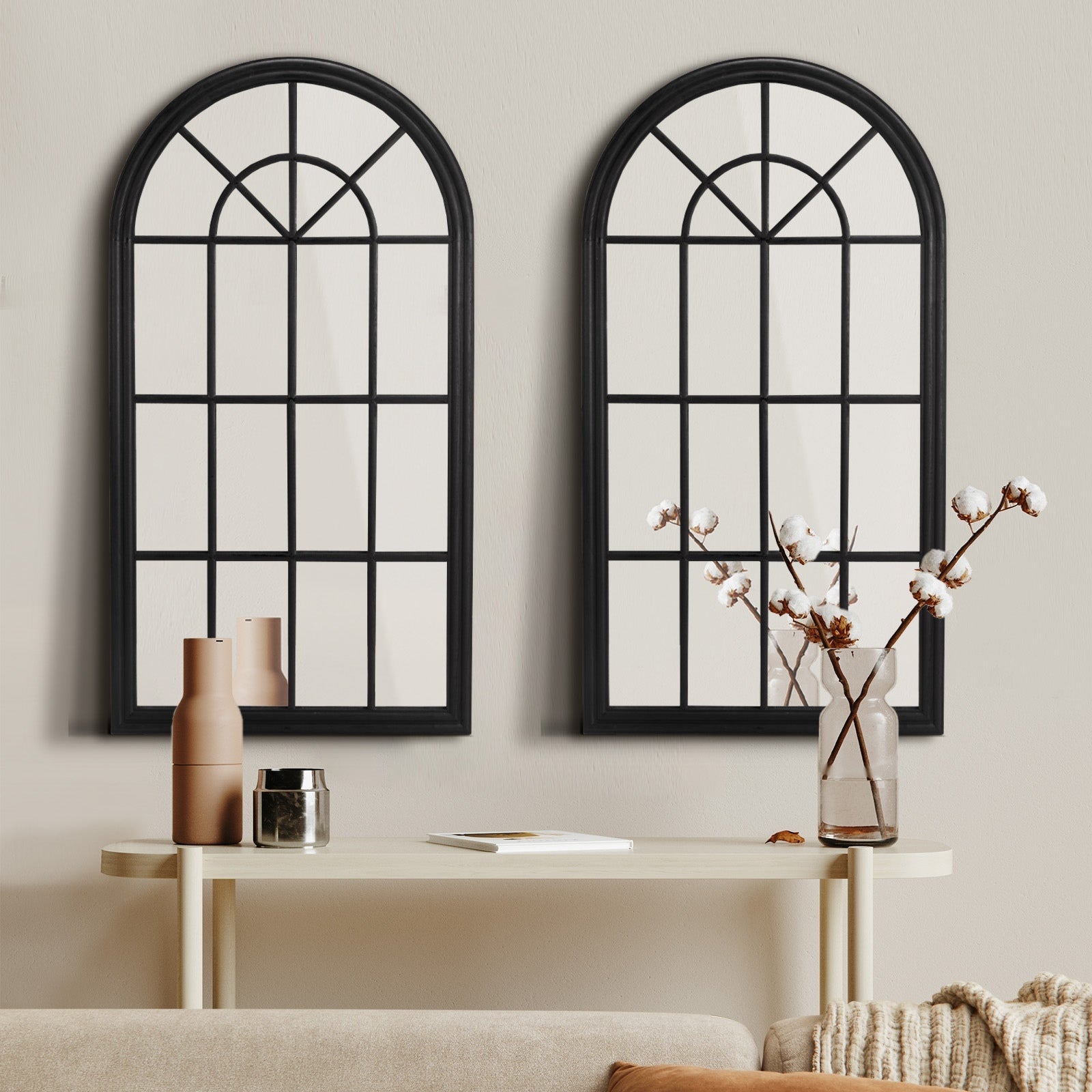 Oikiture 2PC Window Mirror Arched Wall Mirrors Decor 76x51cm Wooden Black - Sunyee
