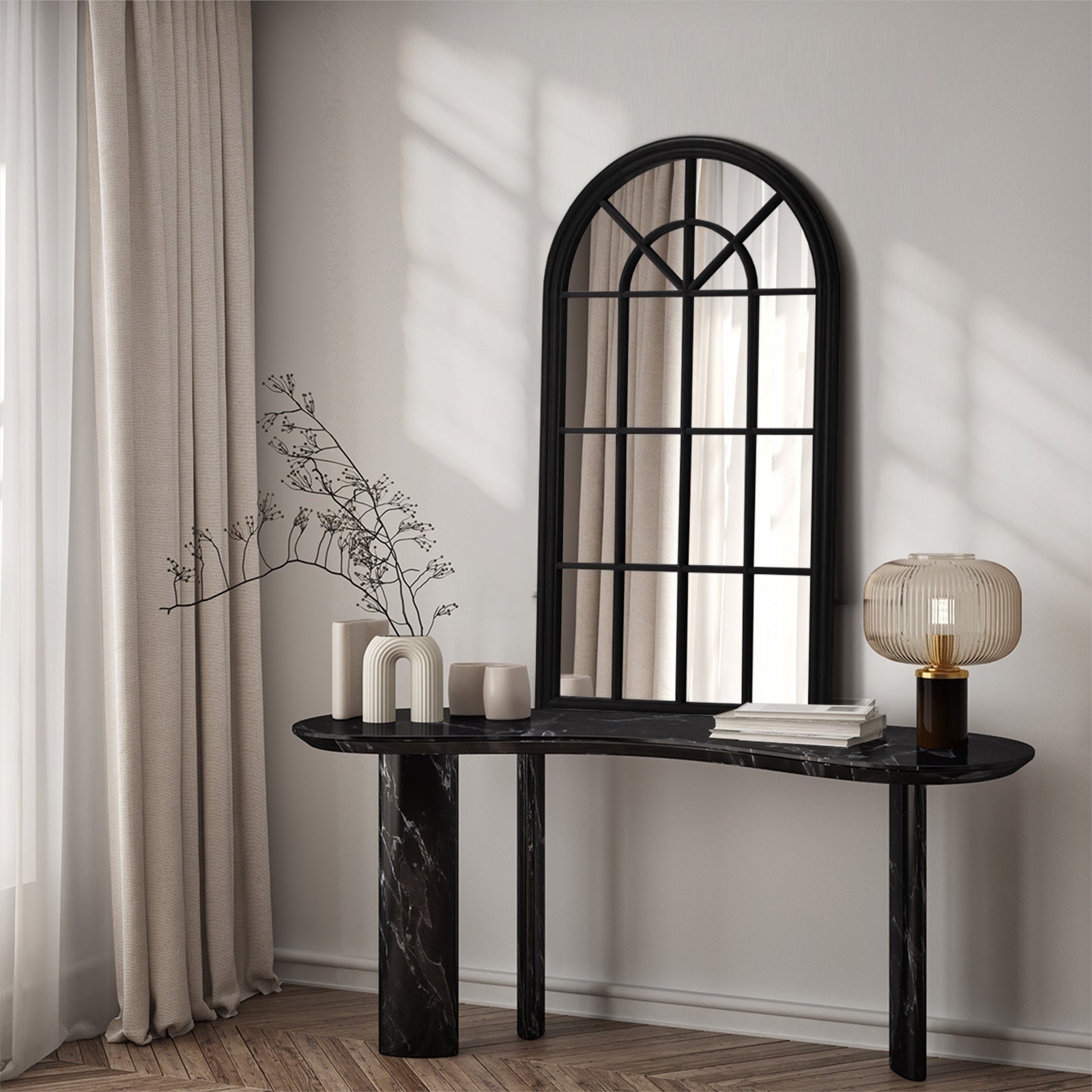 Oikiture 2PC Window Mirror Arched Wall Mirrors Decor 76x51cm Wooden Black - Sunyee