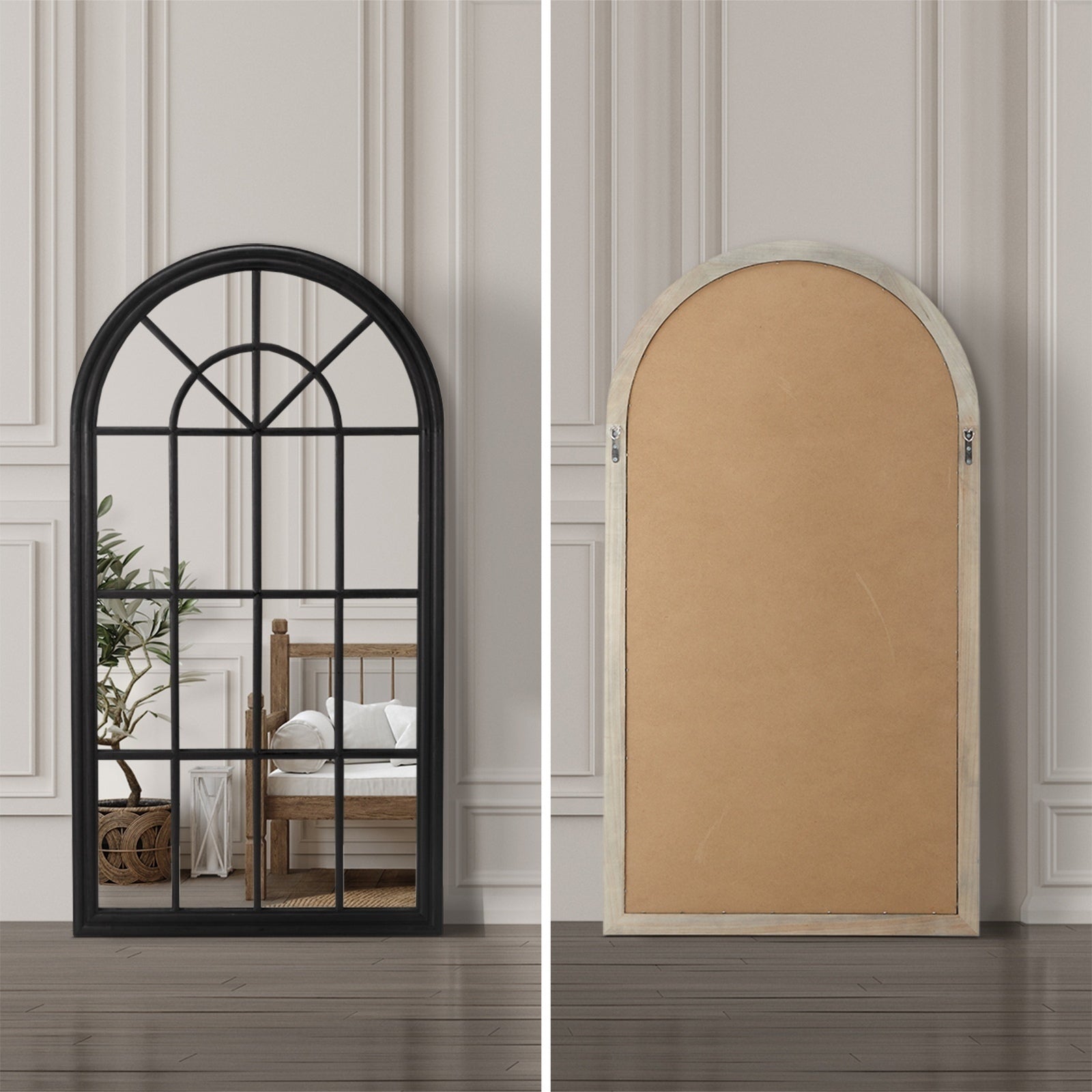 Oikiture 2PC Window Mirror Arched Wall Mirrors Decor 76x51cm Wooden Black - Sunyee