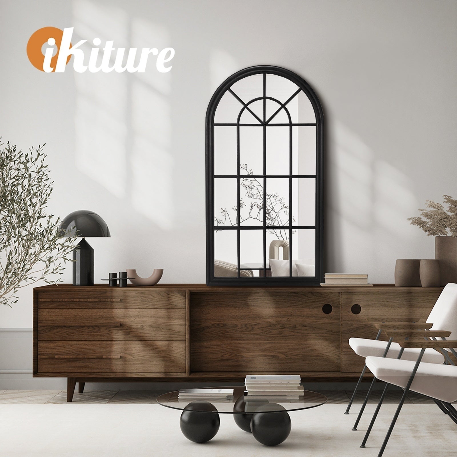 Oikiture 2PC Window Mirror Arched Wall Mirrors Decor 76x51cm Wooden Black - Sunyee