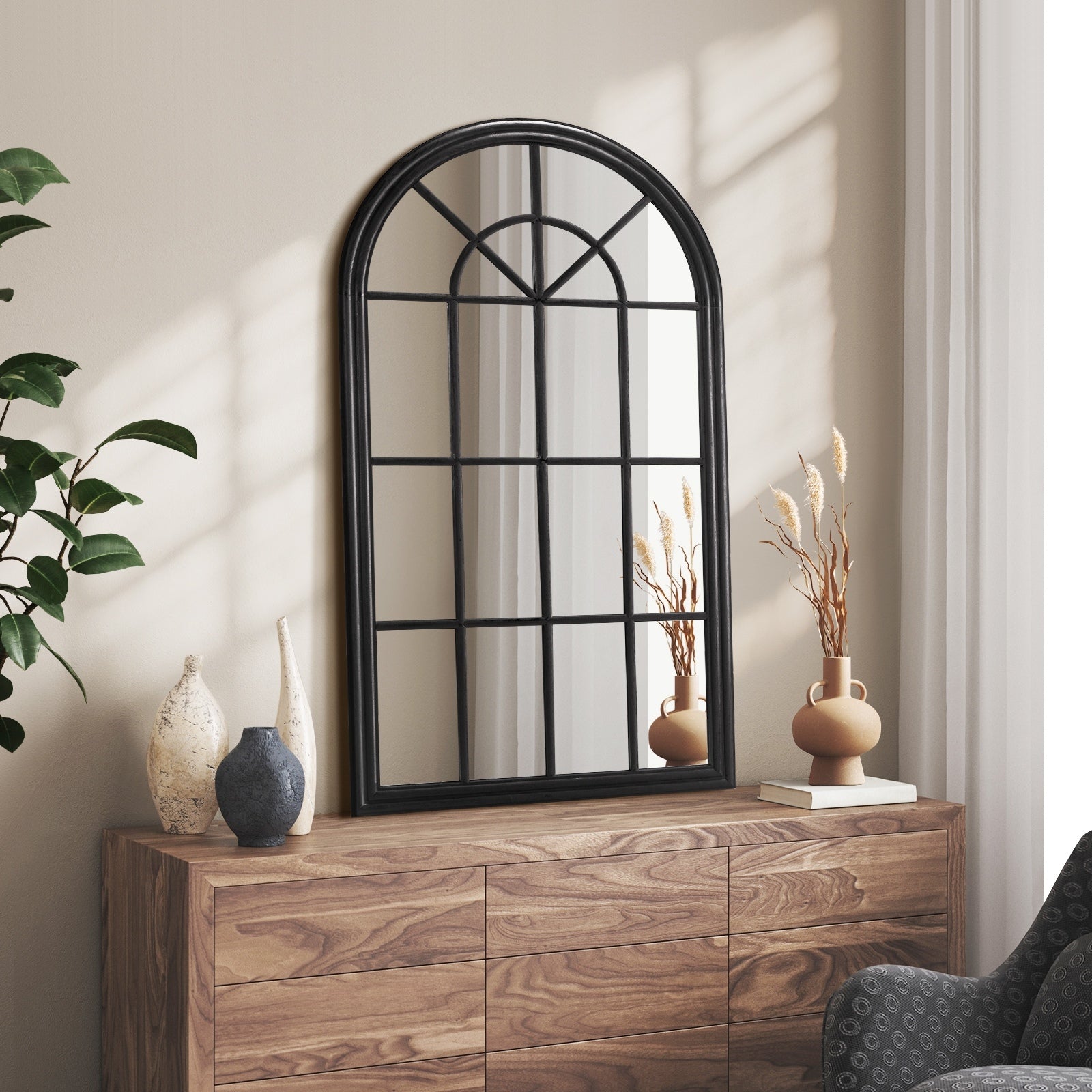 Oikiture Window Mirror Arched Wall Mirrors Decor 76x51cm Wooden Black - Sunyee