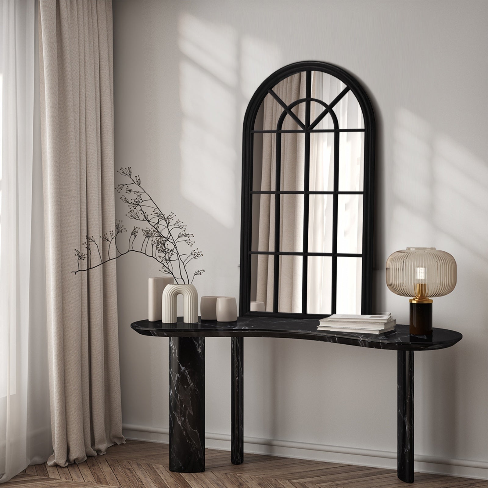 Oikiture Window Mirror Arched Wall Mirrors Decor 76x51cm Wooden Black - Sunyee