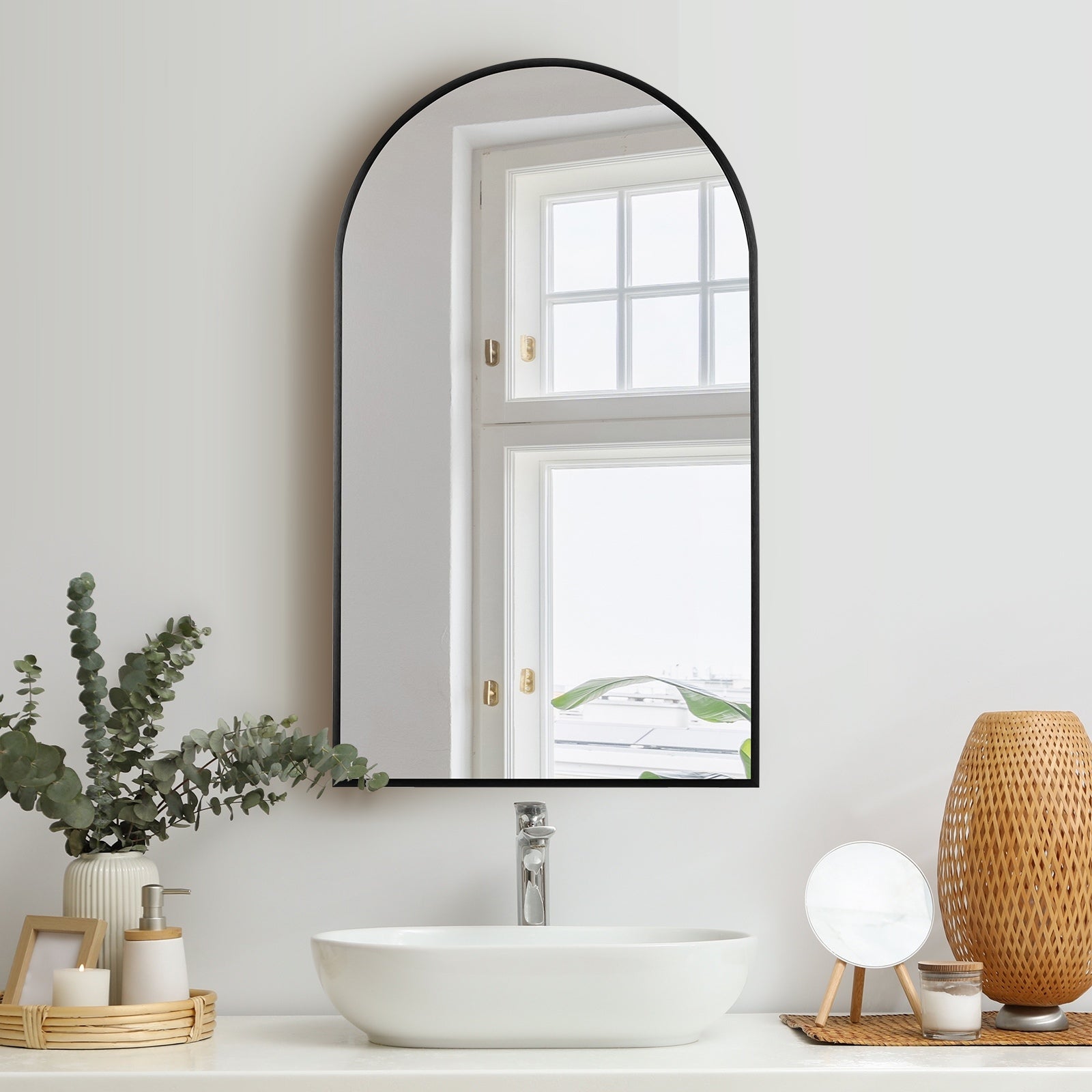 Oikiture Wall Mirrors 86x50cm Arched Makeup Mirror Bathroom Home Decor Black - Sunyee
