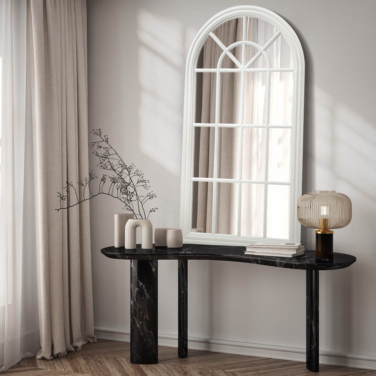 Oikiture Wooden Window Mirror Arched Wall Mirrors Decor 130x70cm White - Sunyee