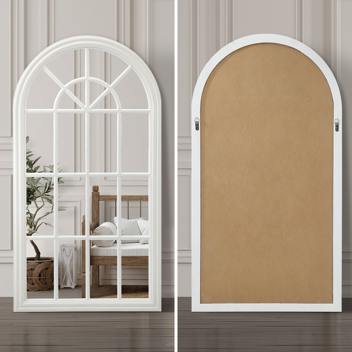 Oikiture Wooden Window Mirror Arched Wall Mirrors Decor 130x70cm White - Sunyee