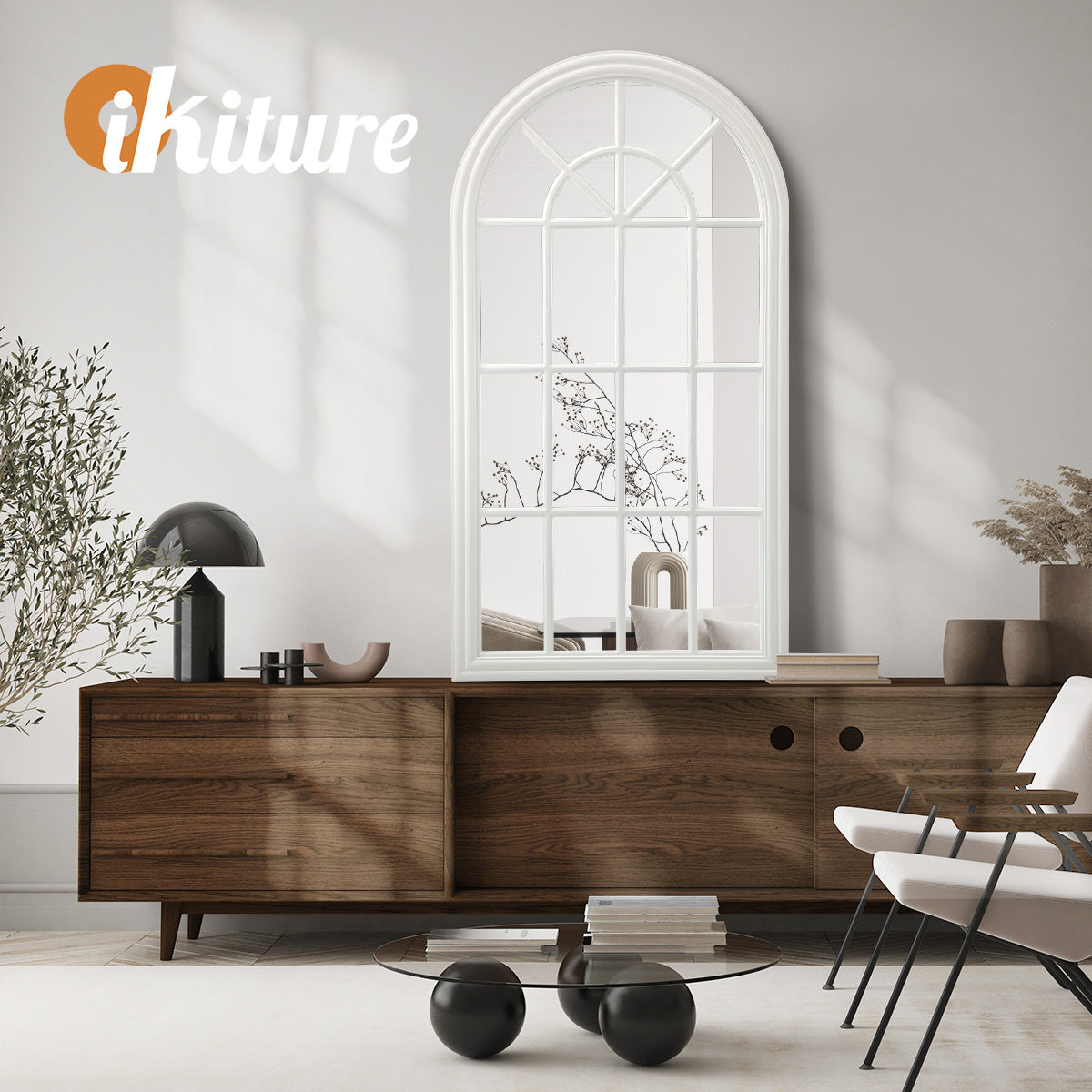 Oikiture Wooden Window Mirror Arched Wall Mirrors Decor 130x70cm White - Sunyee