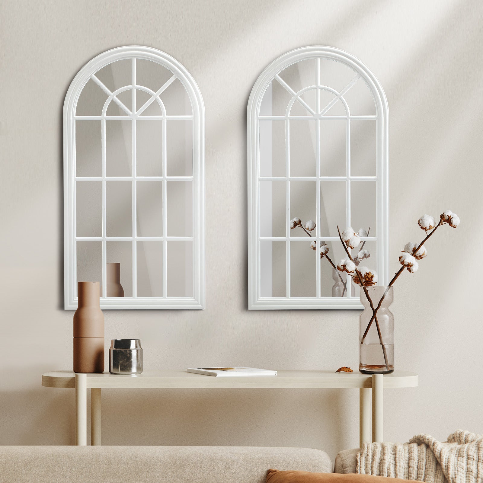 Oikiture 2PC Window Mirror Arched Wall Mirrors Decor 76x51cm Wooden White - Sunyee