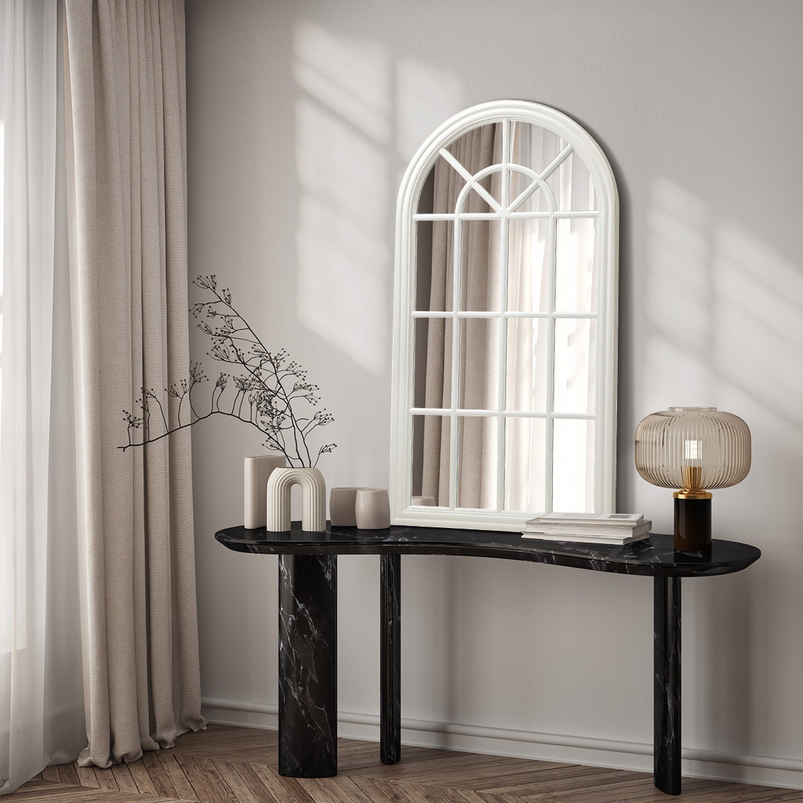 Oikiture 2PC Window Mirror Arched Wall Mirrors Decor 76x51cm Wooden White - Sunyee