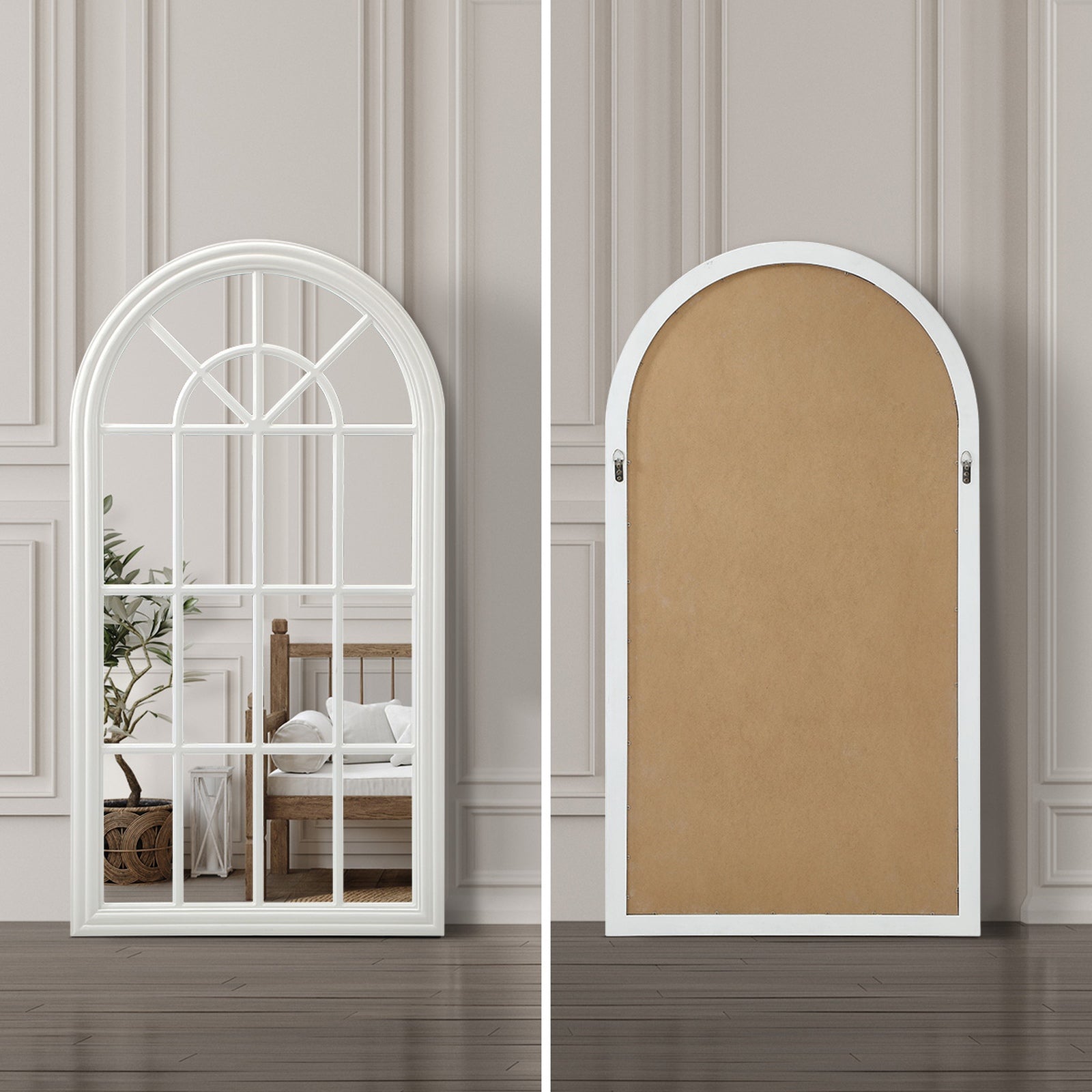 Oikiture 2PC Window Mirror Arched Wall Mirrors Decor 76x51cm Wooden White - Sunyee