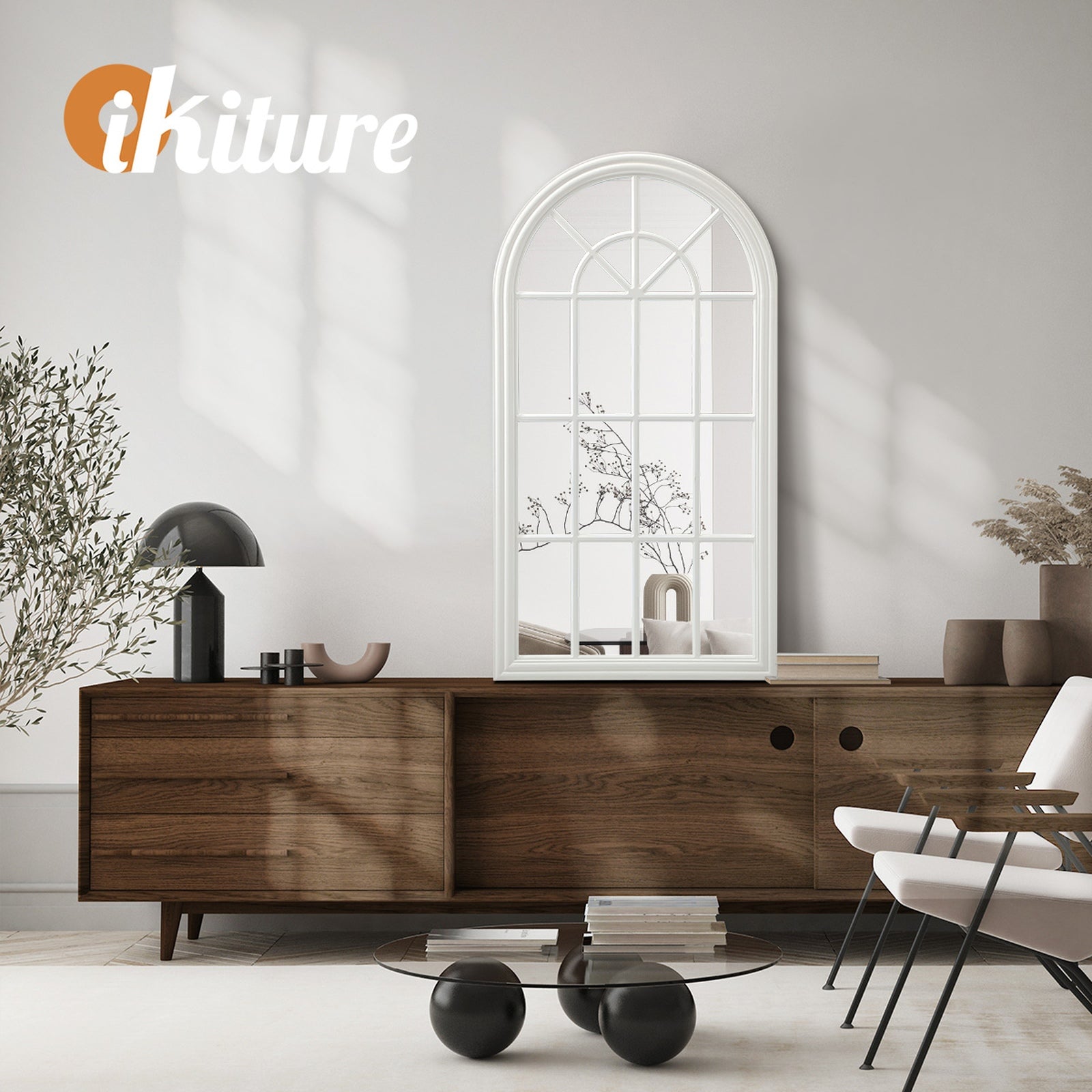 Oikiture 2PC Window Mirror Arched Wall Mirrors Decor 76x51cm Wooden White - Sunyee