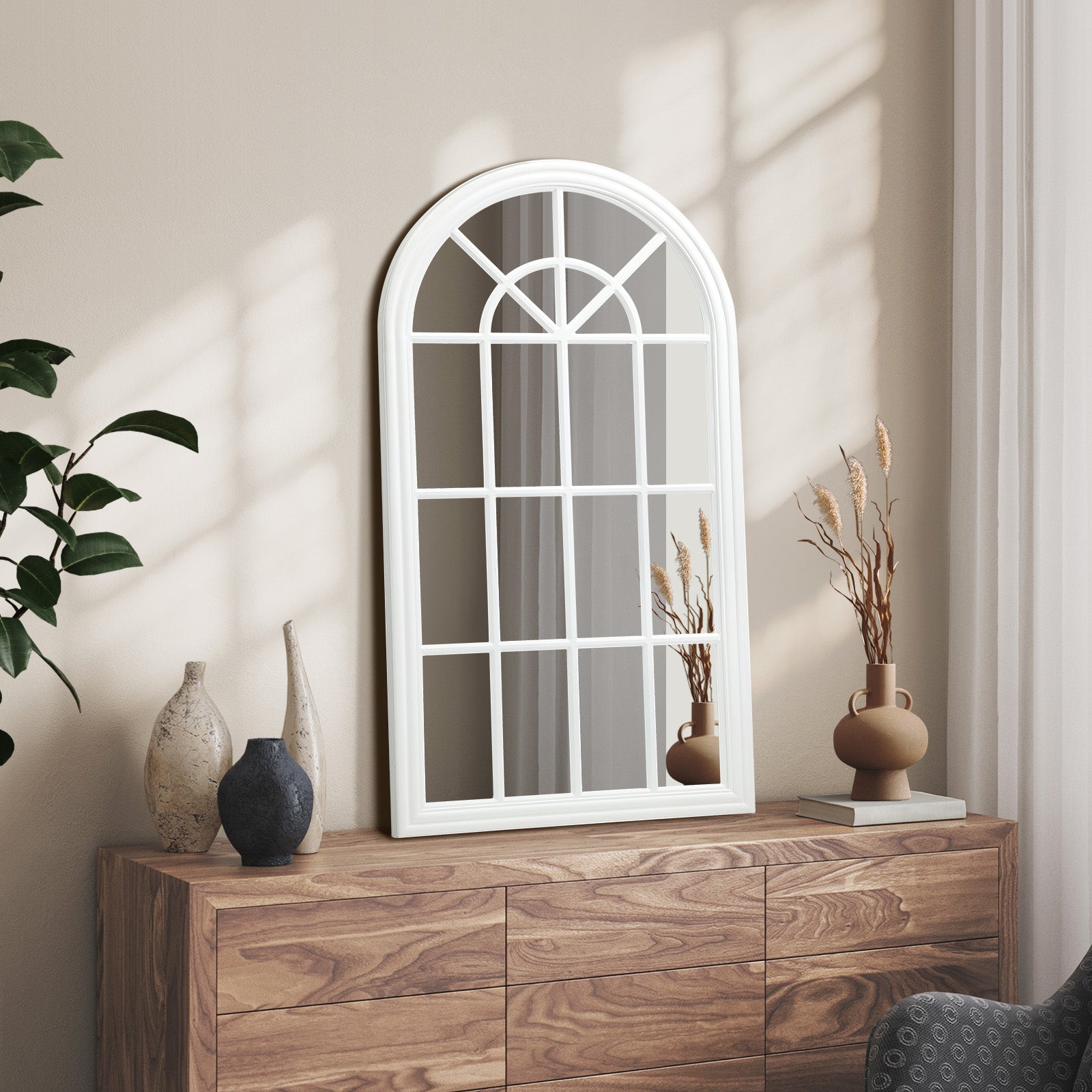 Oikiture Window Mirror Arched Wall Mirrors Decor 76x51cm Wooden White - Sunyee
