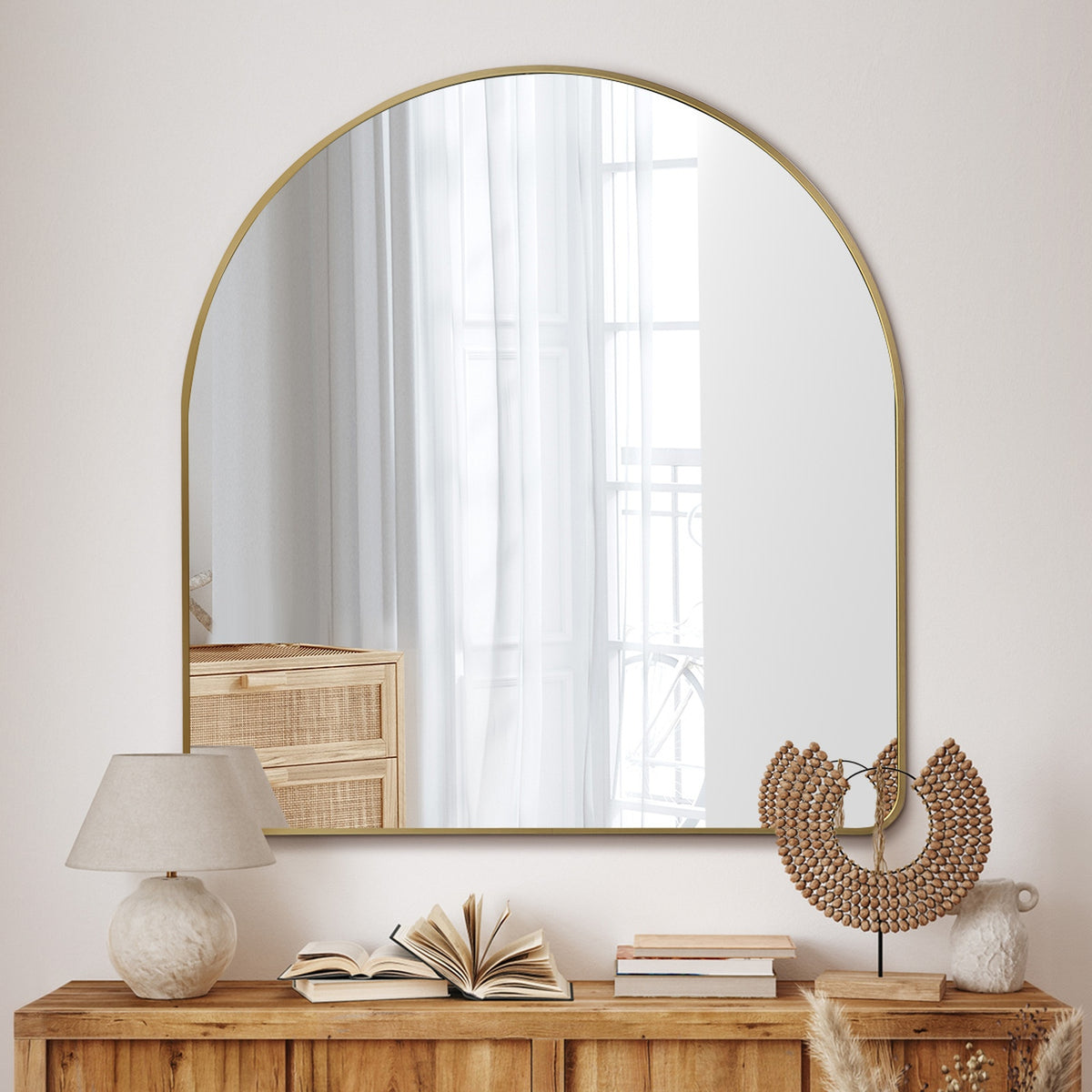 Oikiture Arched Wall Mirror Vanity Makeup Aluminium Frame 100x100cm Gold