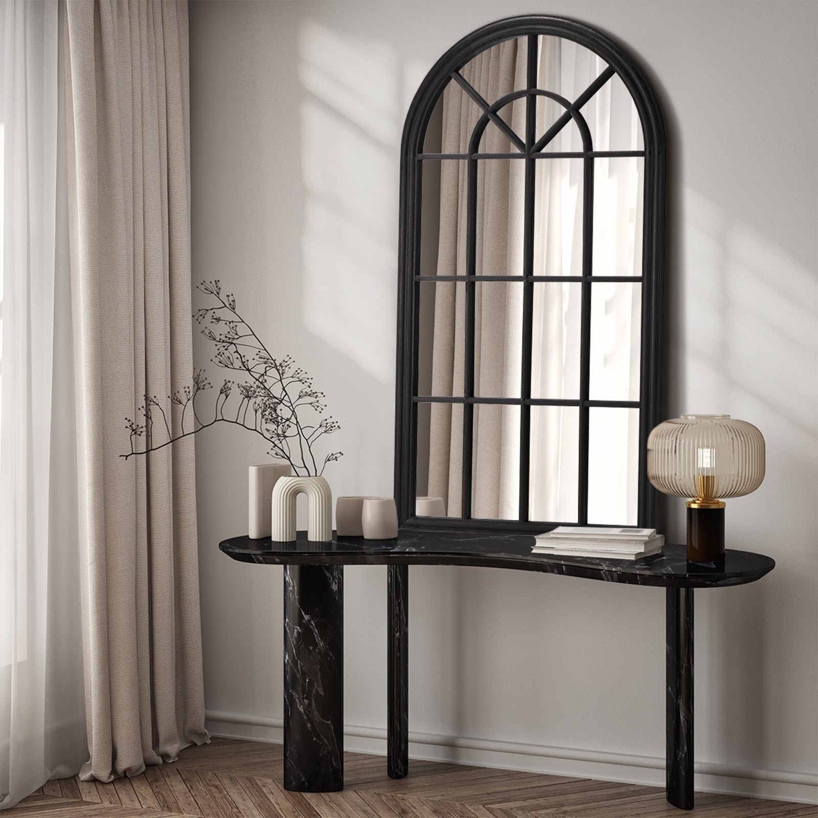 Oikiture Wooden Window Mirror Arched Wall Mirrors Decor 130x70cm Black - Sunyee