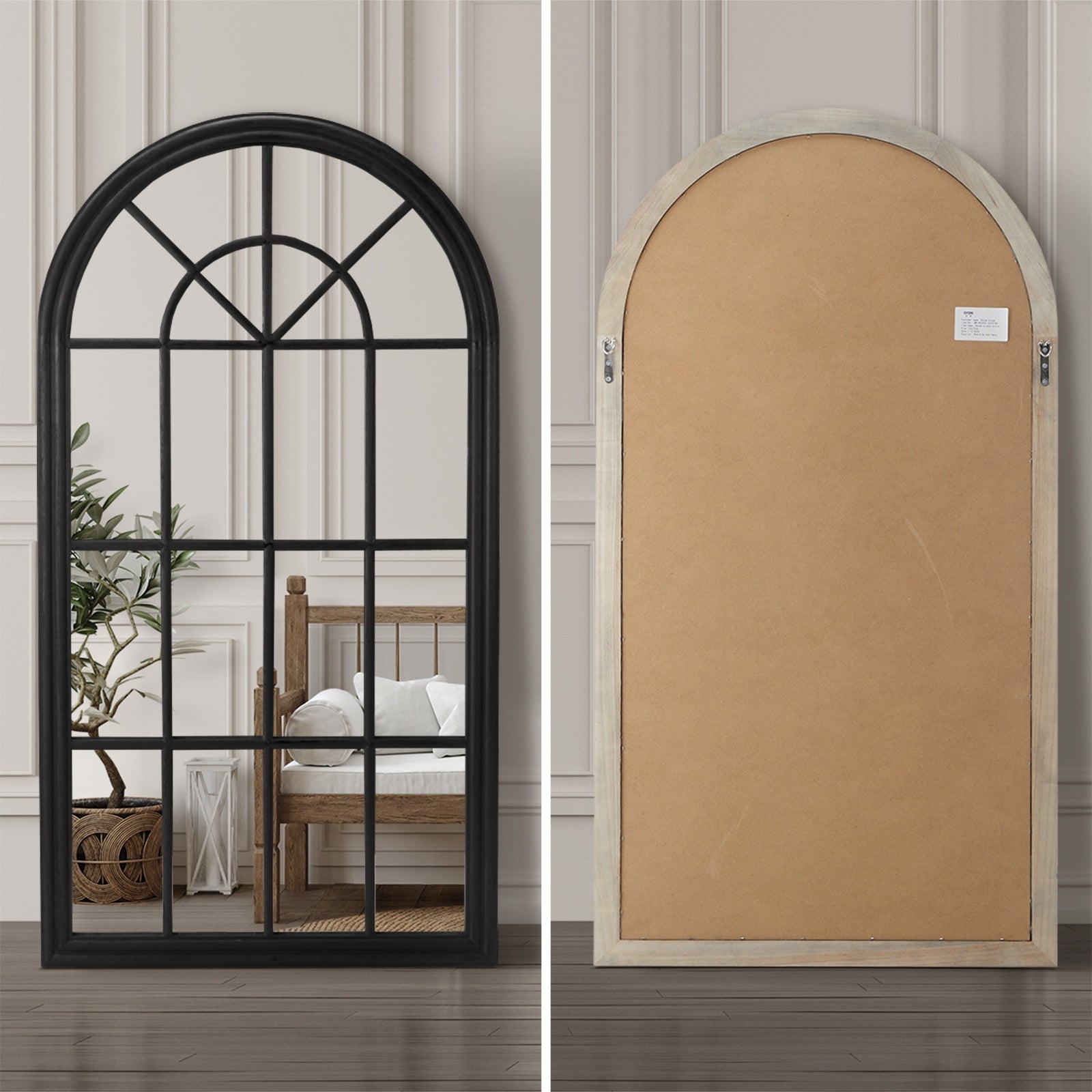 Oikiture Wooden Window Mirror Arched Wall Mirrors Decor 130x70cm Black - Sunyee