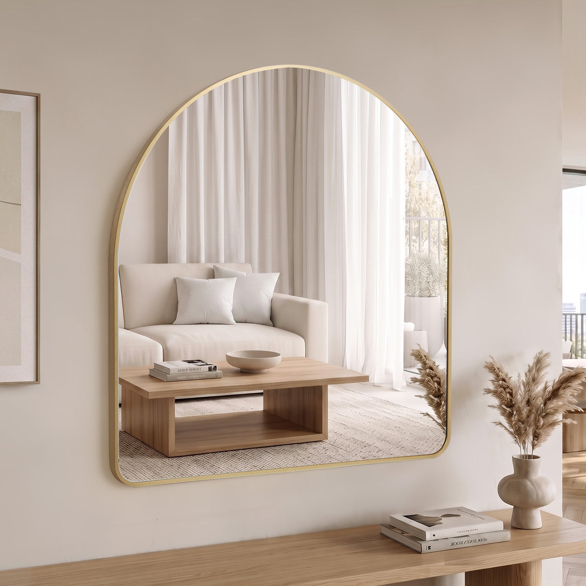 Oikiture Arched Wall Mirror Vanity Makeup Aluminium Frame 85x80cm Gold