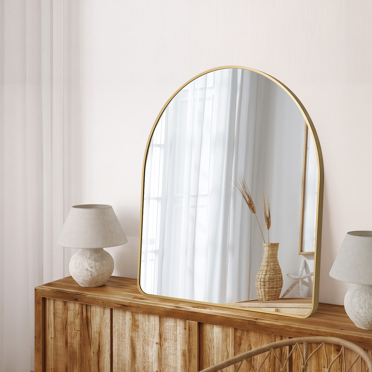 Oikiture Arched Wall Mirror Vanity Makeup Aluminium Frame 85x80cm Gold