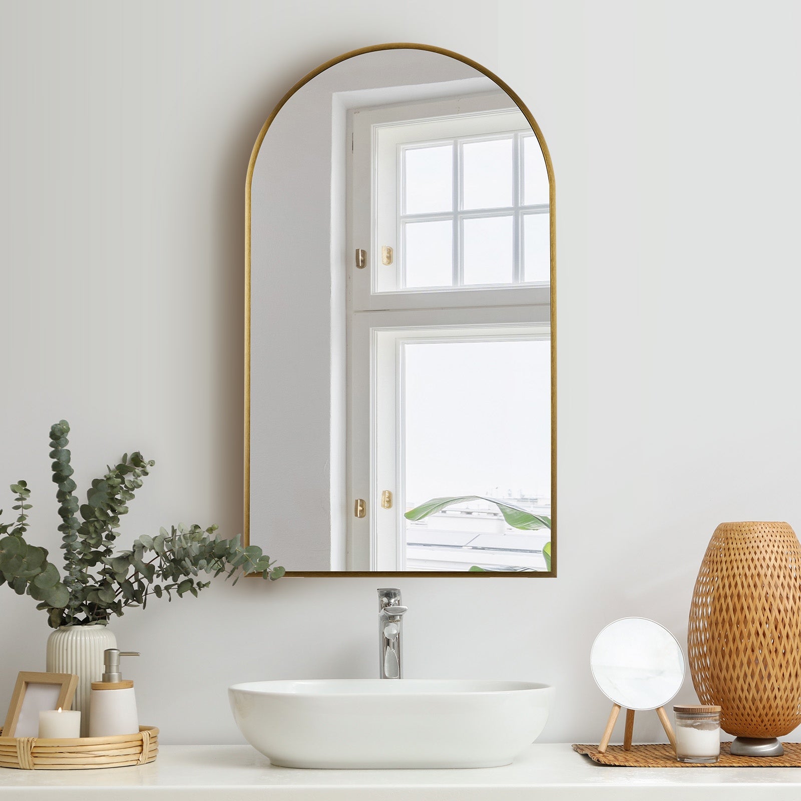Oikiture Wall Mirrors 86x50cm Arched Makeup Mirror Bedroom Home Decor Gold - Sunyee