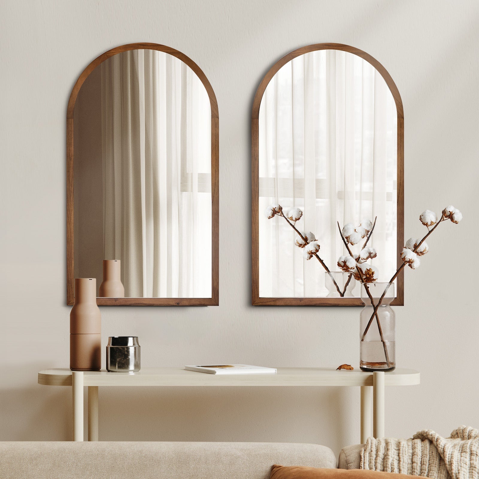 Oikiture Arched Wall Mirrors Home Decor 86x50cm Brown Wooden Set of 2 - Sunyee