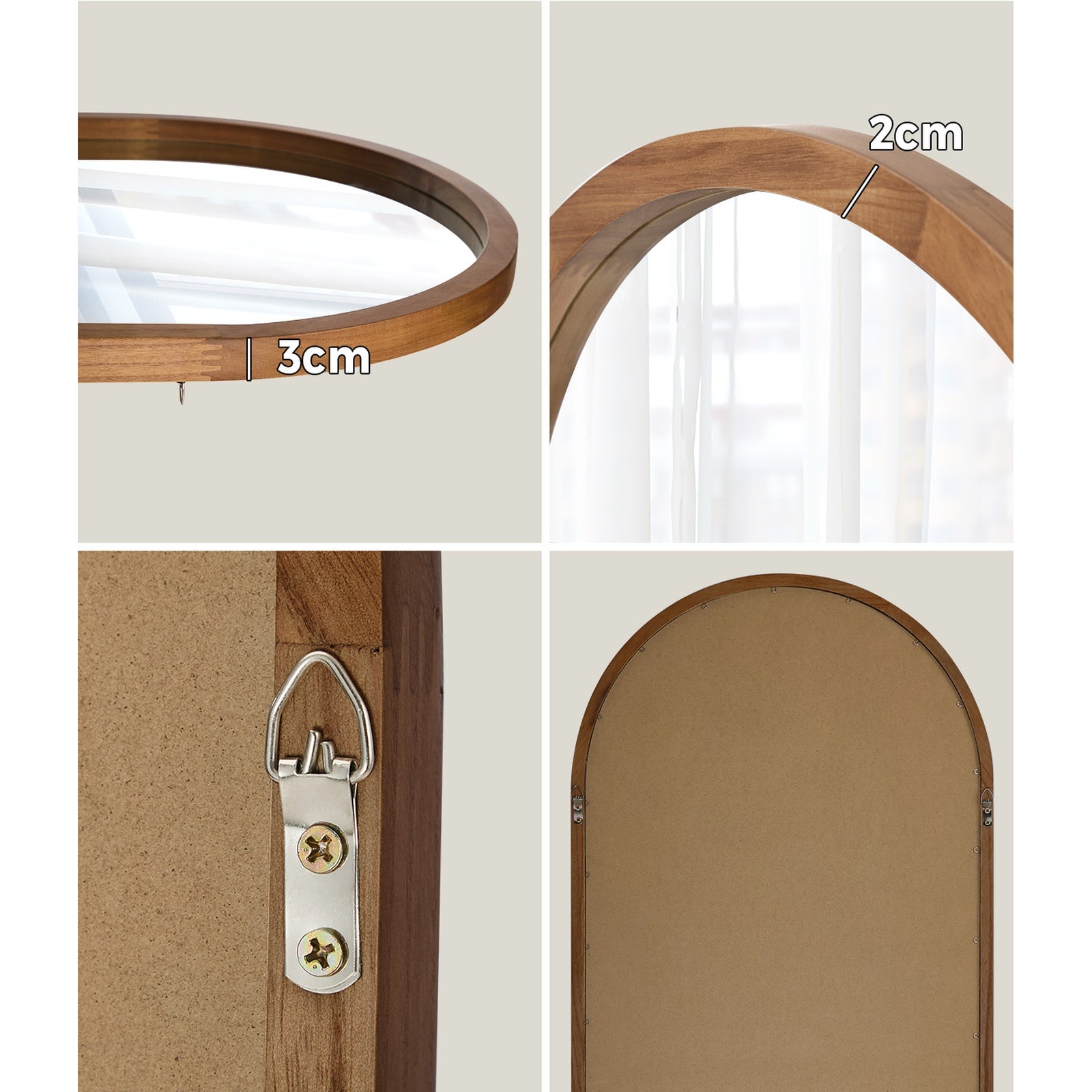 Oikiture Arched Wall Mirrors Home Decor 86x50cm Brown Wooden Set of 2 - Sunyee