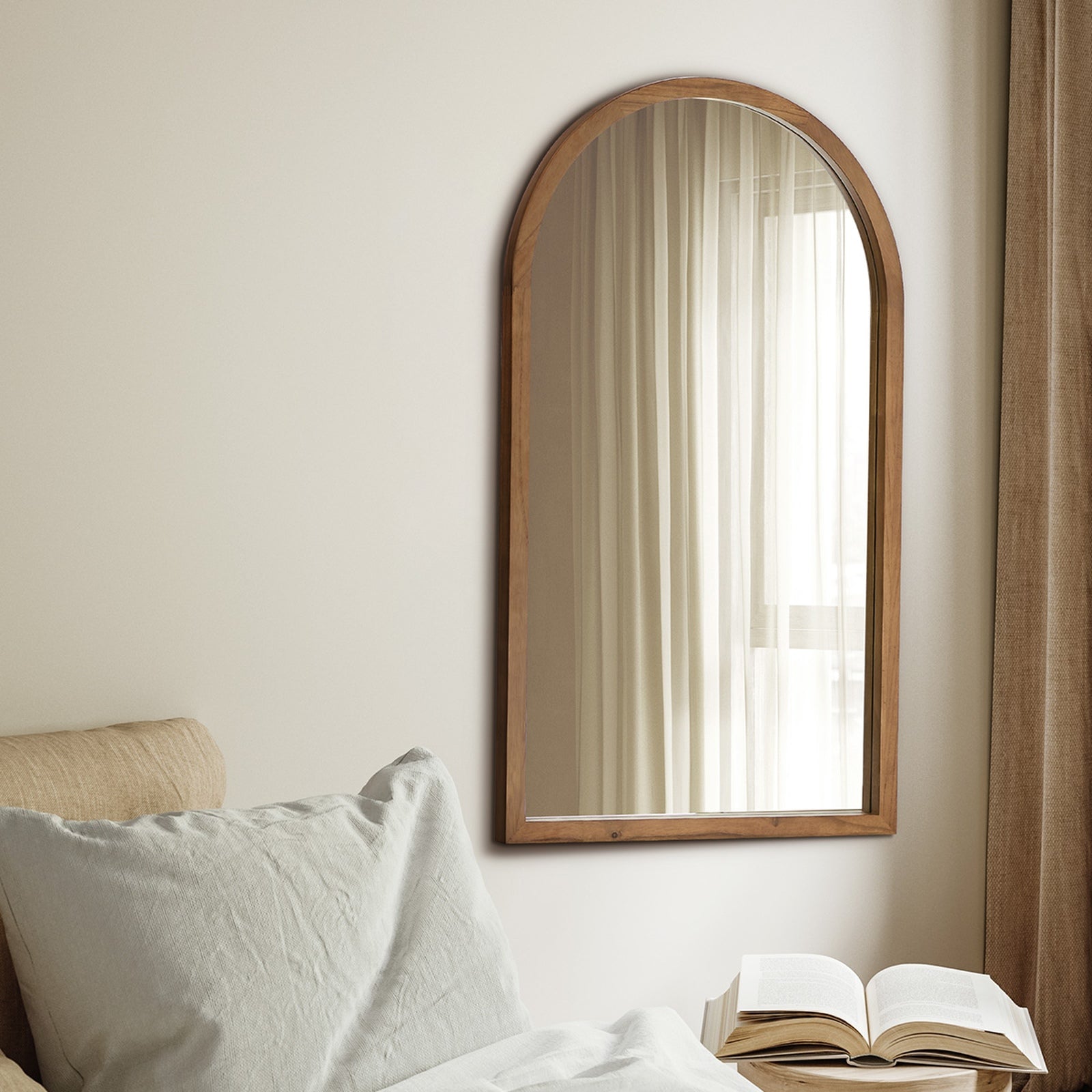 Oikiture Arched Wall Mirrors Vanity Home Decor Makeup Mirror 86x50cm Brown Wood - Sunyee
