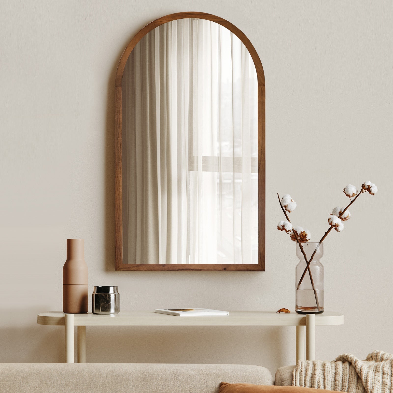 Oikiture Arched Wall Mirrors Vanity Home Decor Makeup Mirror 86x50cm Brown Wood - Sunyee