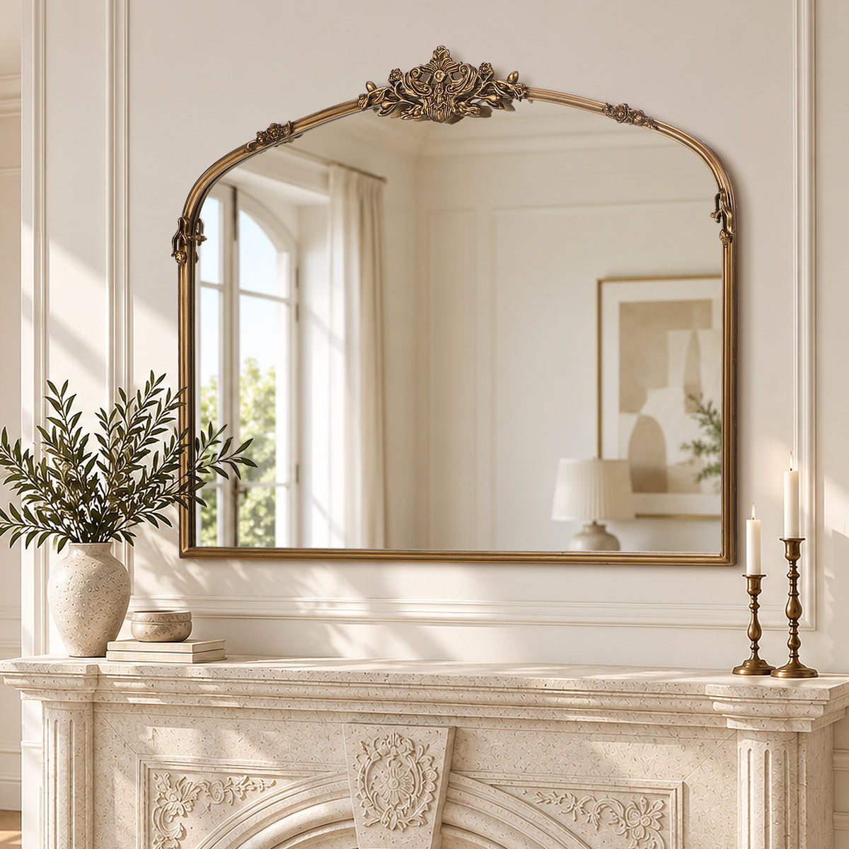 Oikiture Vintage Wall Mirror Arched Vanity Mirror Metal Frame 100x80cm Gold - Sunyee