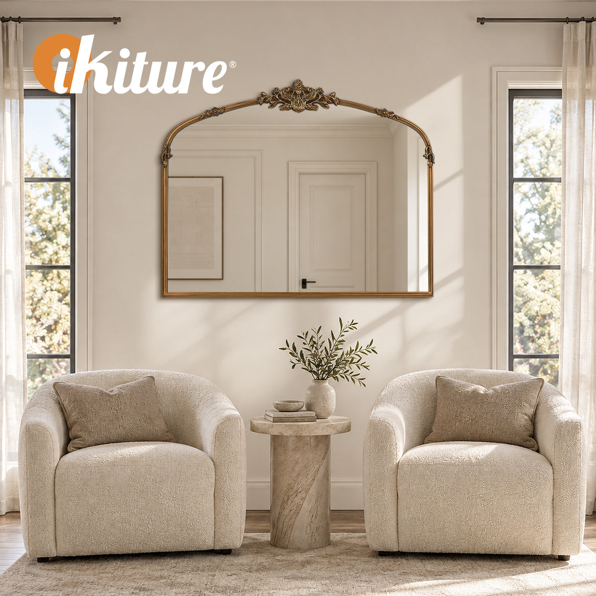 Oikiture Vintage Wall Mirror Arched Vanity Mirror Metal Frame 100x80cm Gold - Sunyee