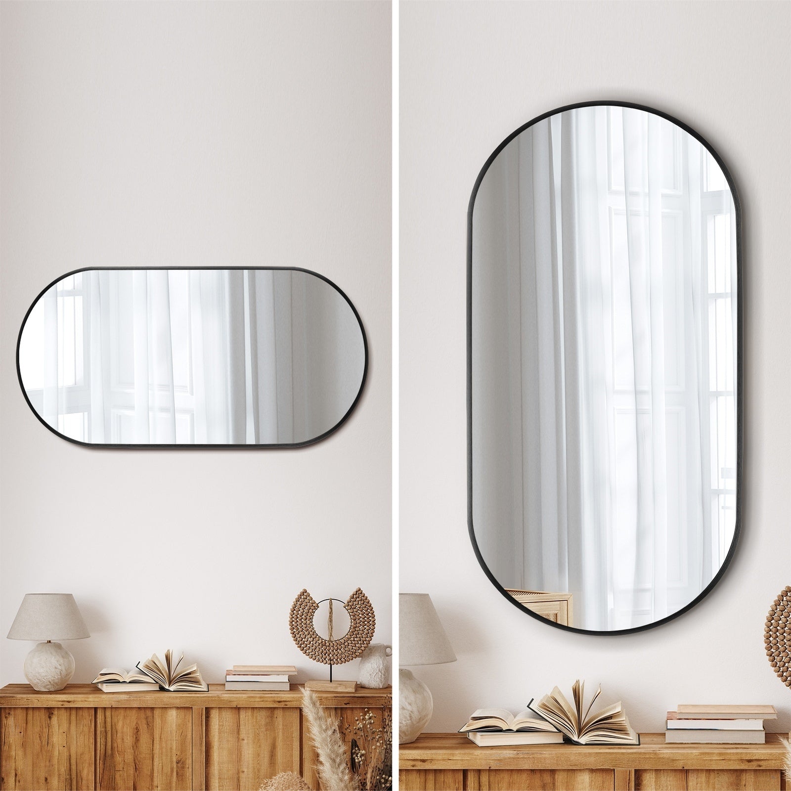 Oikiture Wall Mirrors Oval Makeup Mirror Bedroom Home Decor Black 84x50cm - Sunyee