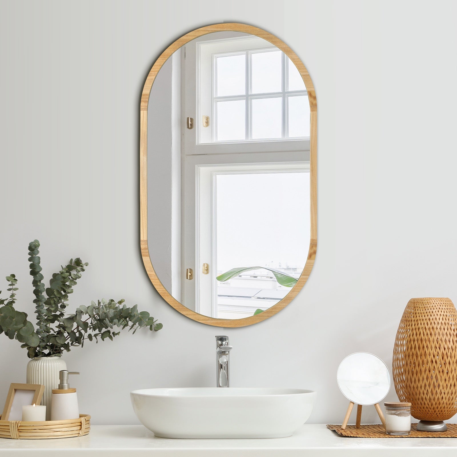 Oikiture Wooden Wall Mirrors Oval Makeup Mirror Home Decor 84x50cm - Sunyee