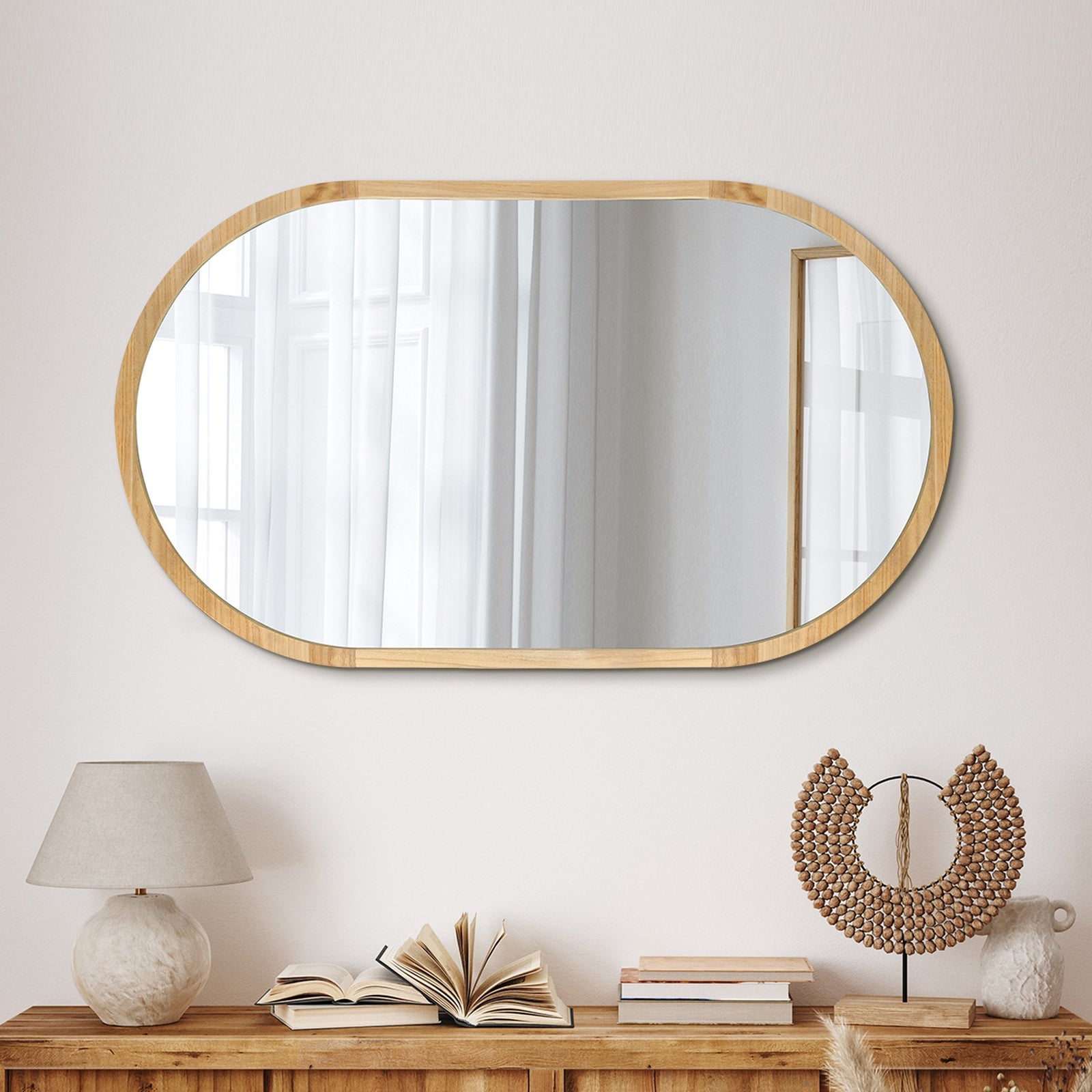 Oikiture Wooden Wall Mirrors Oval Makeup Mirror Home Decor 84x50cm - Sunyee