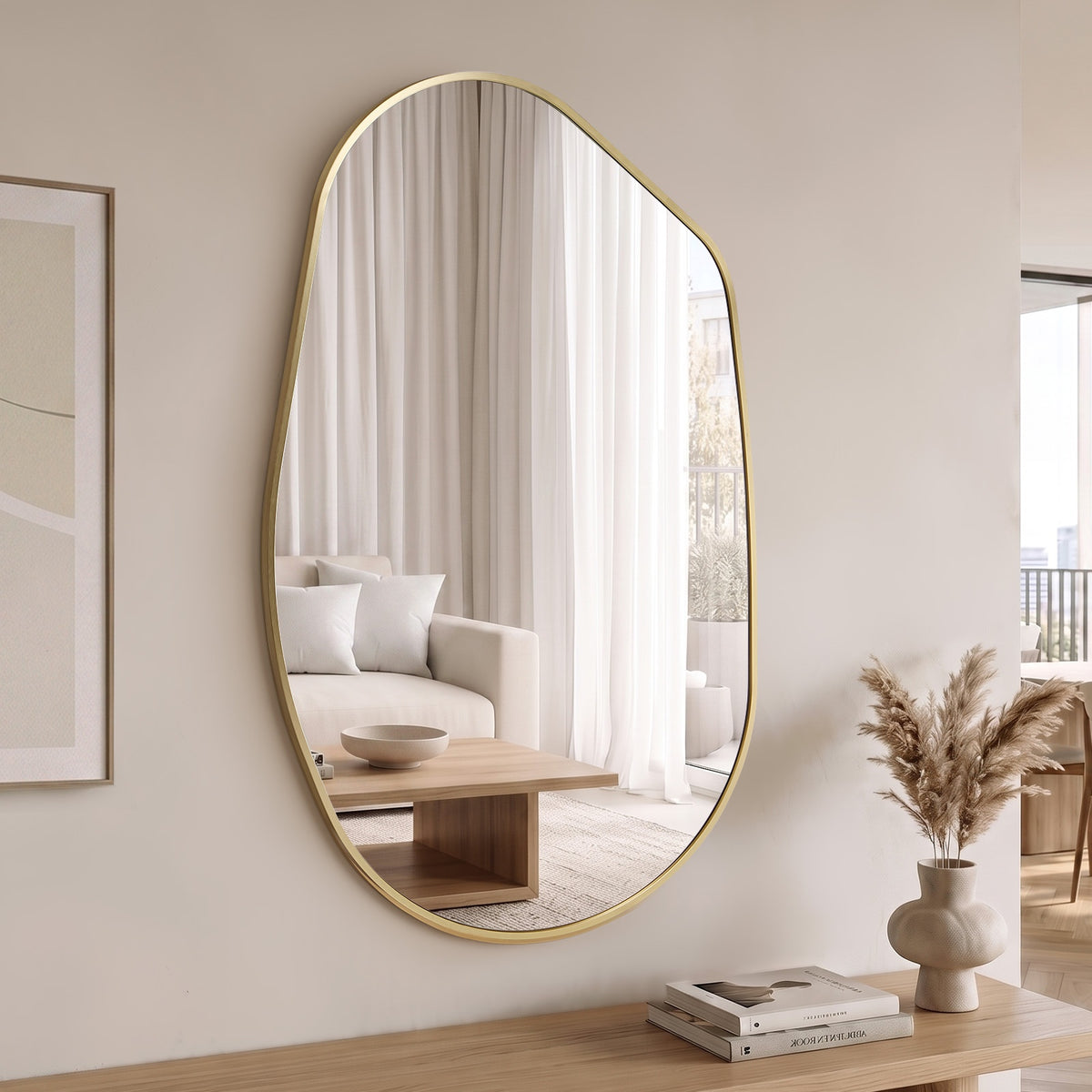 Oikiture Irregular Wall Mirror Hanging Mirror Aluminium Frame Entryway Gold