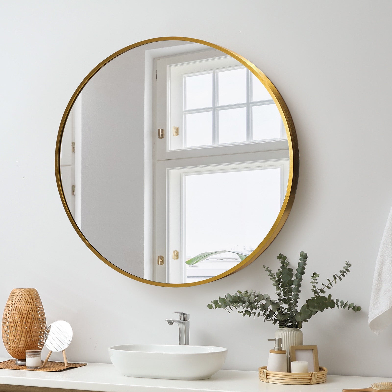 Oikiture Wall Mirrors Round Makeup Mirror Vanity Home Decor 50cm Wooden - Sunyee