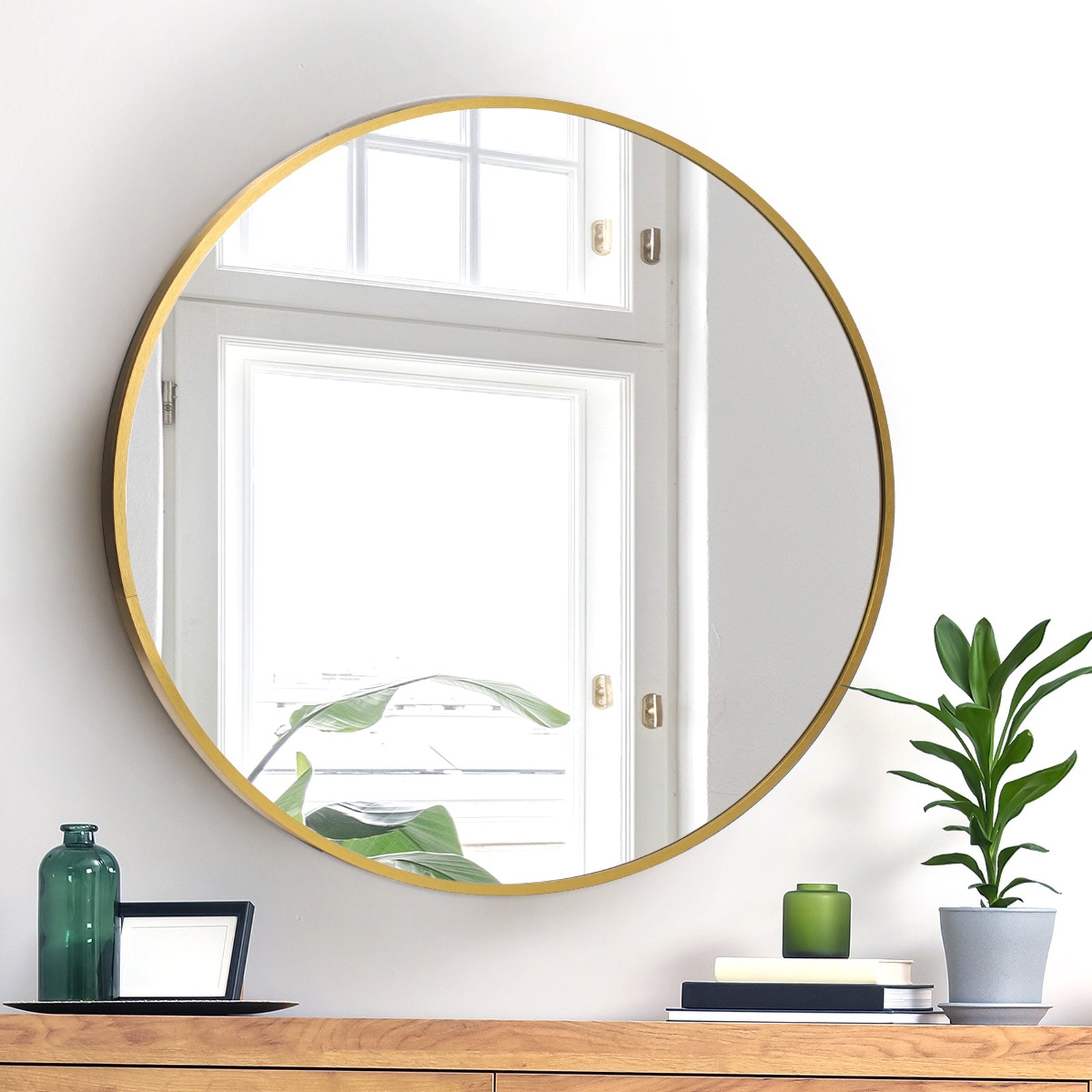 Oikiture Wall Mirrors Round Makeup Mirror Vanity Home Decor 50cm Wooden - Sunyee