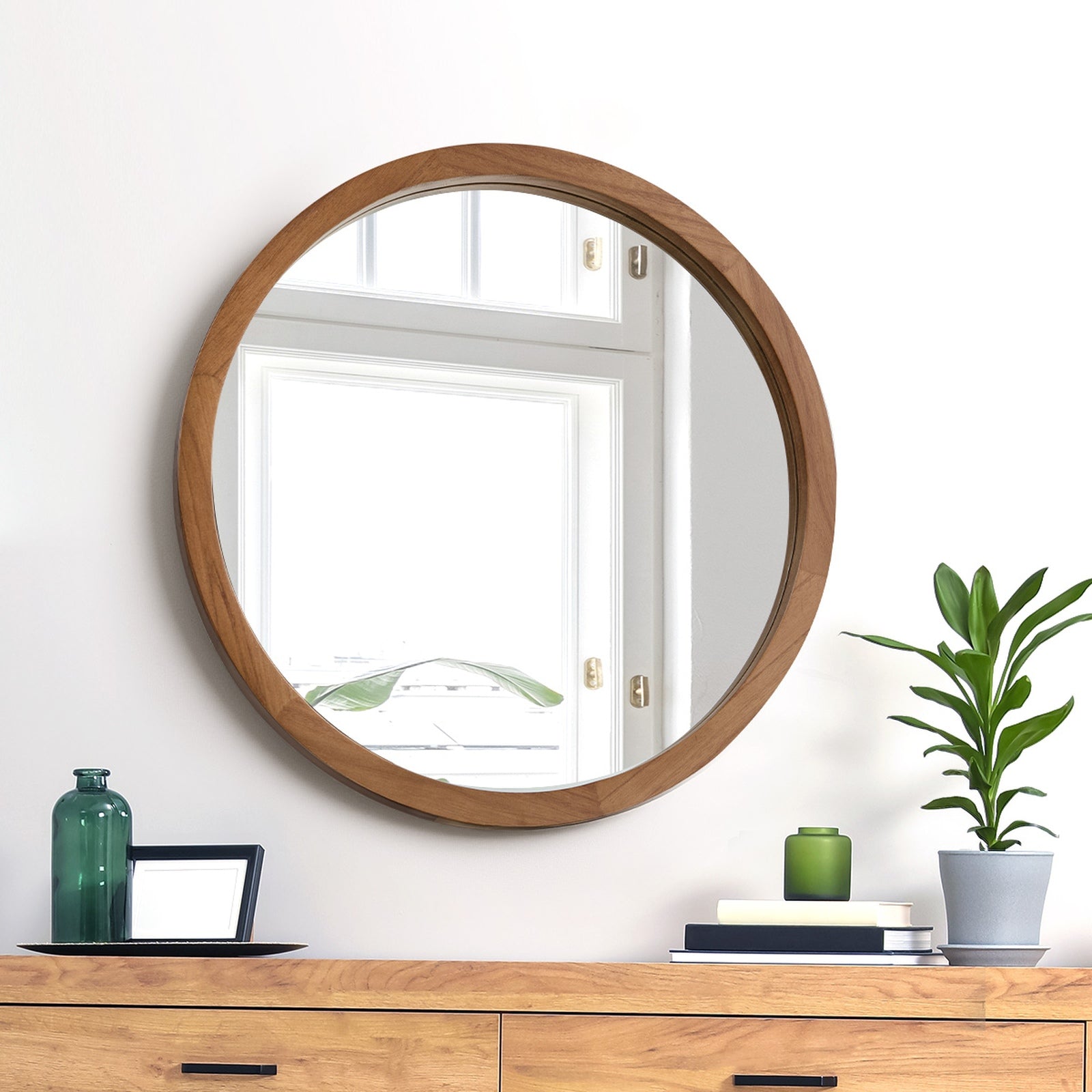 Oikiture Wall Mirrors Round Home Decor 50cm Walnut Set of 2 - Sunyee